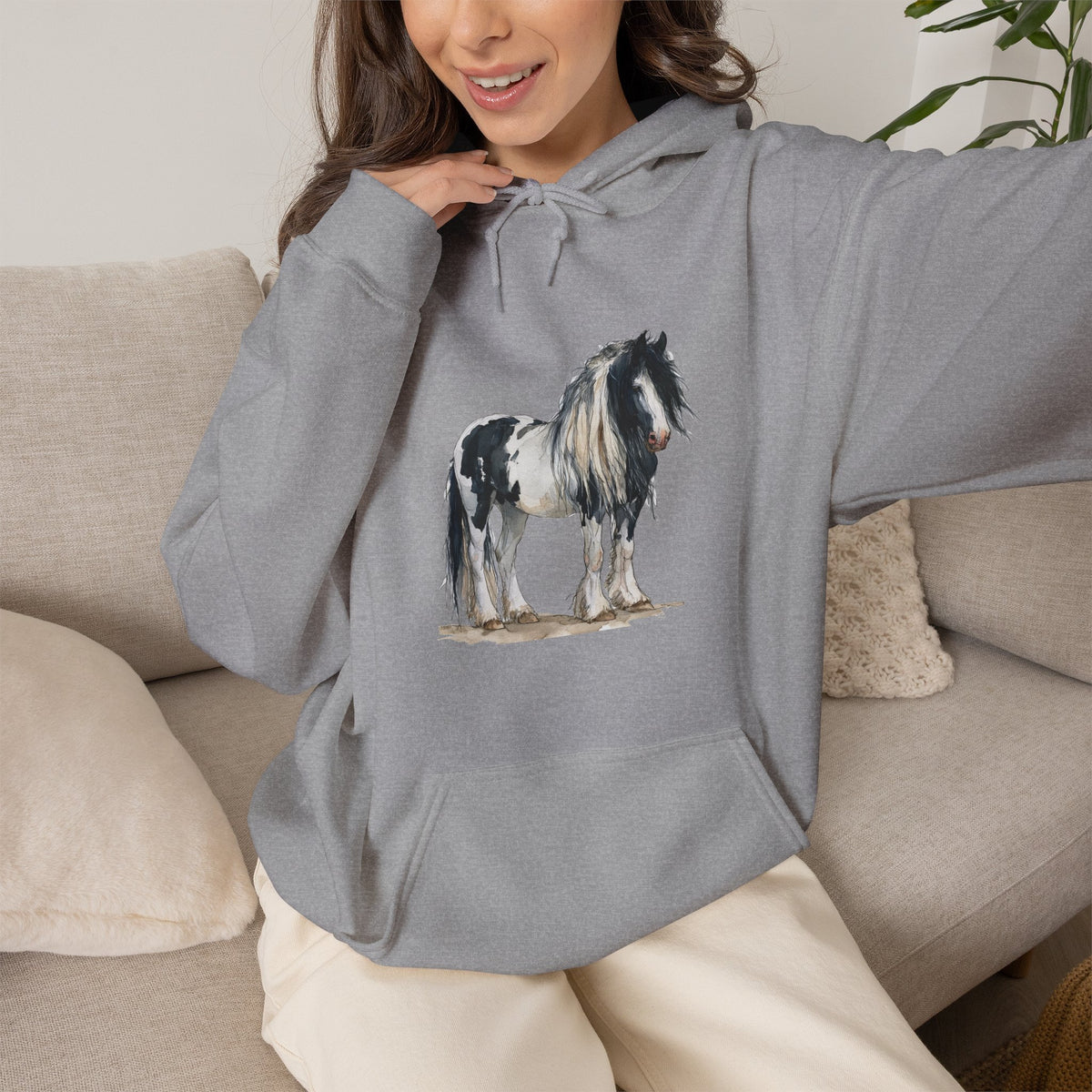 Gypsy Vanner Horse Hoodie – Black and White Draft Horse Watercolor Sweatshirt