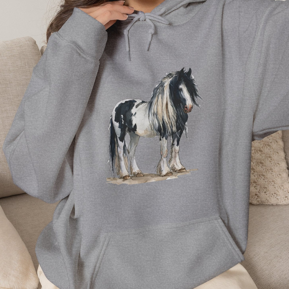 Gypsy Vanner Horse Hoodie – Black and White Draft Horse Watercolor Sweatshirt