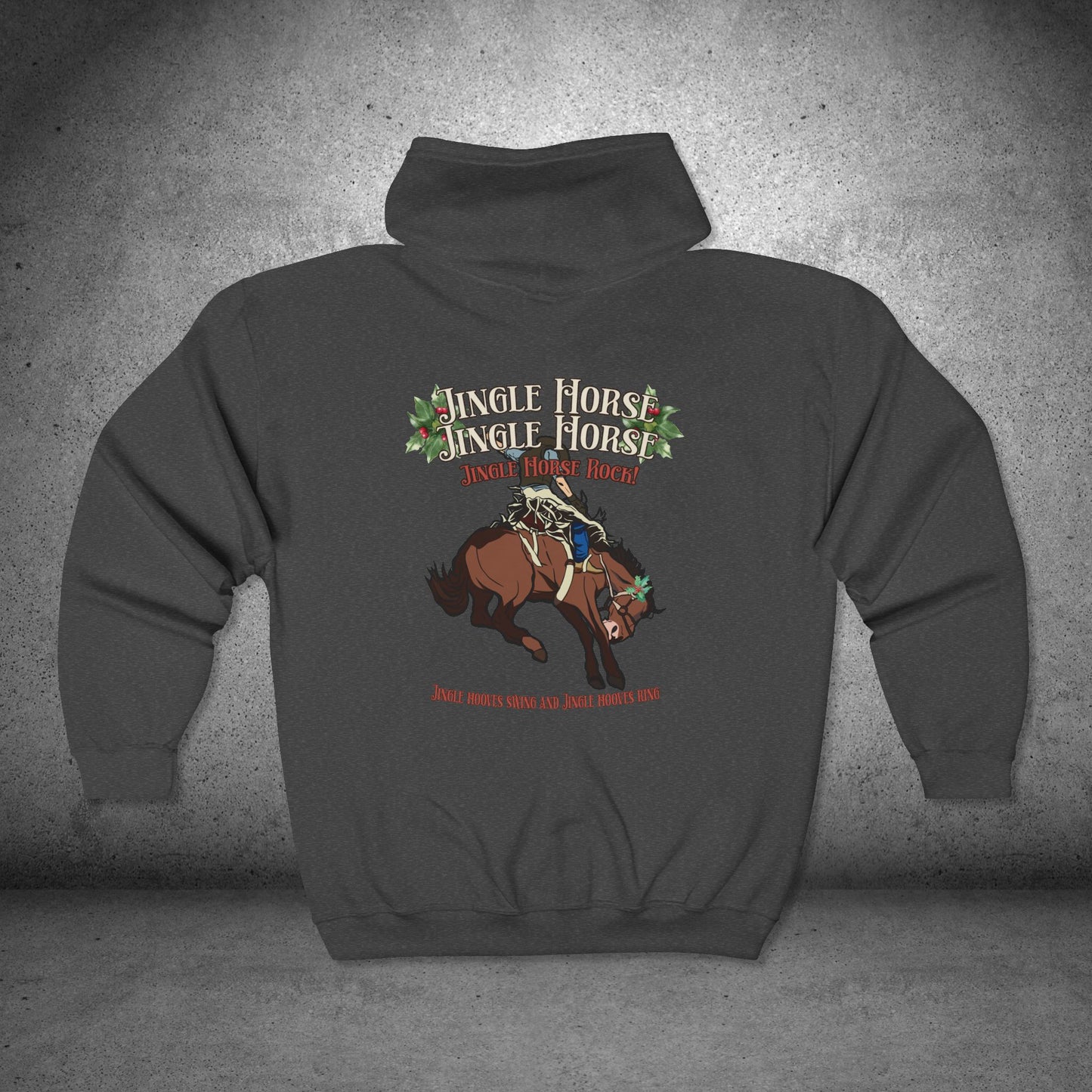 Jingle Horse Rock Christmas Full-Zip Hoodie – Rodeo Horse Holiday Sweatshirt
