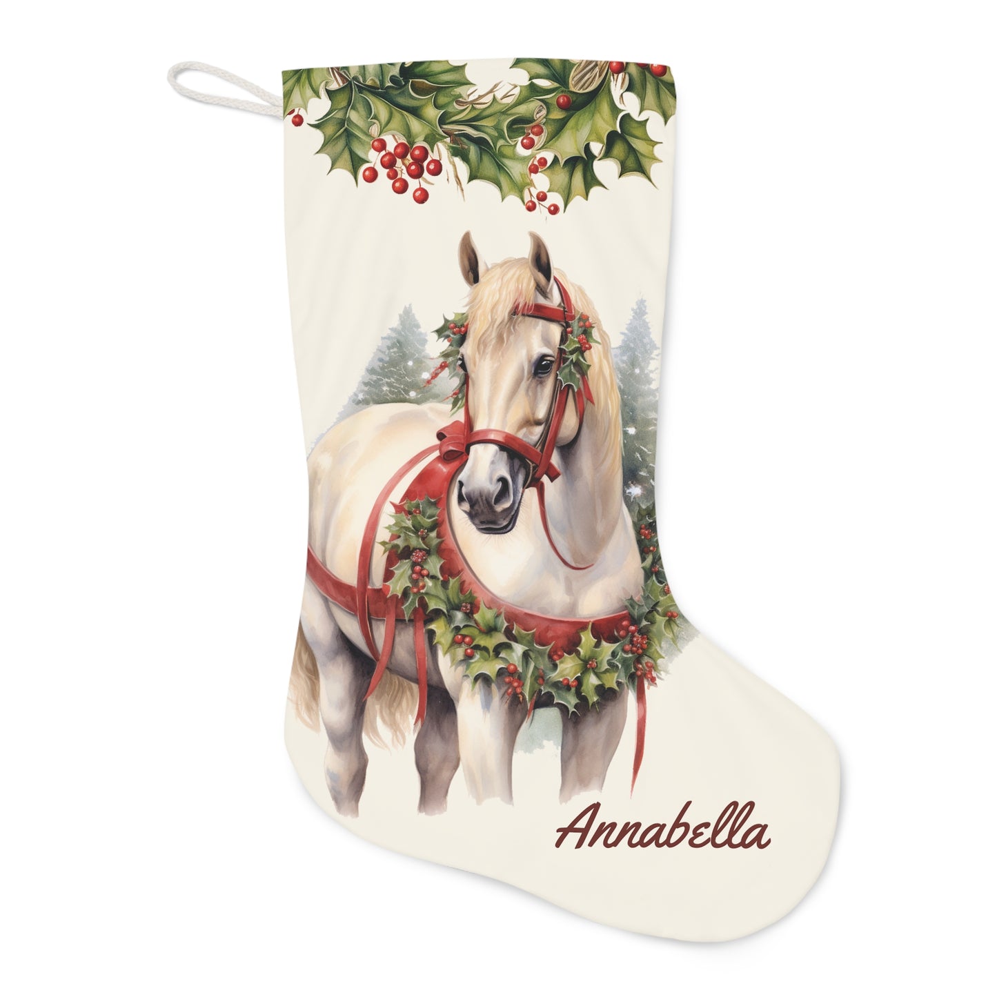White Christmas Draft Horse Holiday Stocking, Large Stocking Personalized