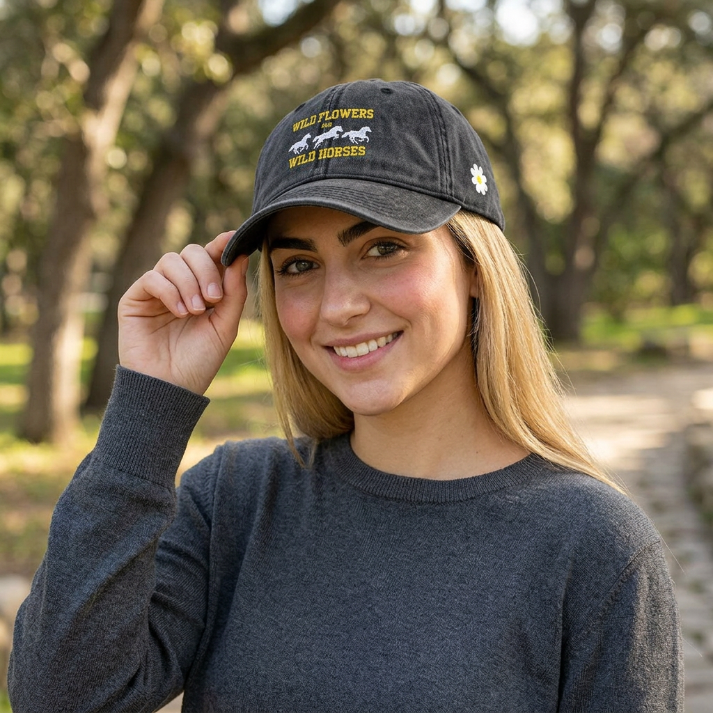Wildflowers & Wild Horses Embroidered Cap – Vintage Distressed Horse Hat