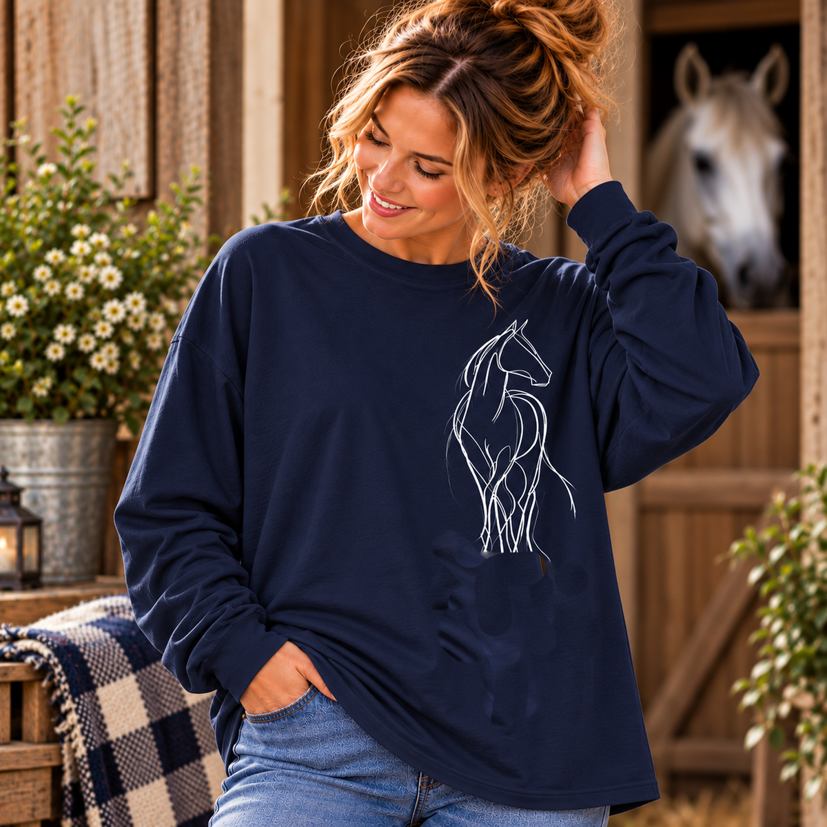 Line Art Horse Long Sleeve Shirt – Oversized Equestrian Tee
