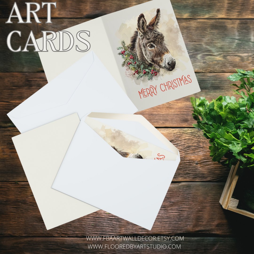 5 Donkey Christmas Card Set, Large Blank Christmas Greeting Cards - FlooredByArt