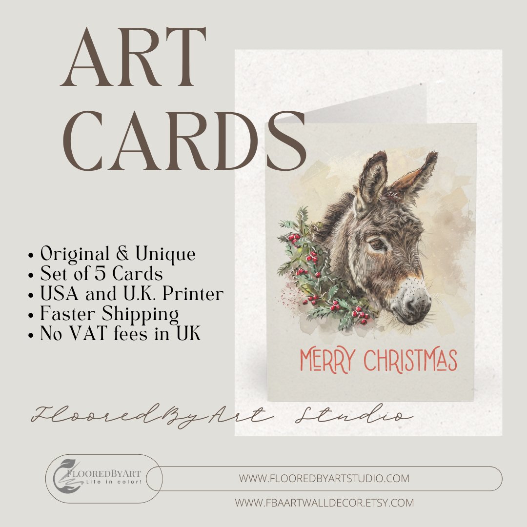 5 Donkey Christmas Card Set, Large Blank Christmas Greeting Cards - FlooredByArt