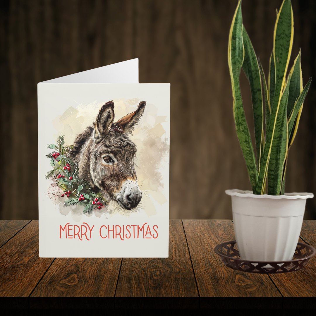 5 Donkey Christmas Card Set, Large Blank Christmas Greeting Cards - FlooredByArt
