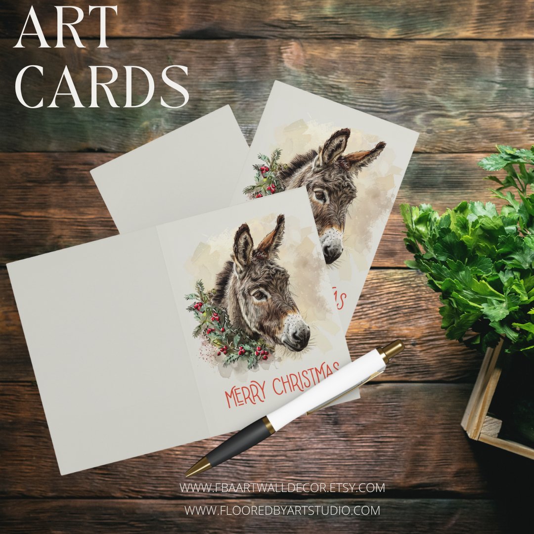 5 Donkey Christmas Card Set, Large Blank Christmas Greeting Cards - FlooredByArt