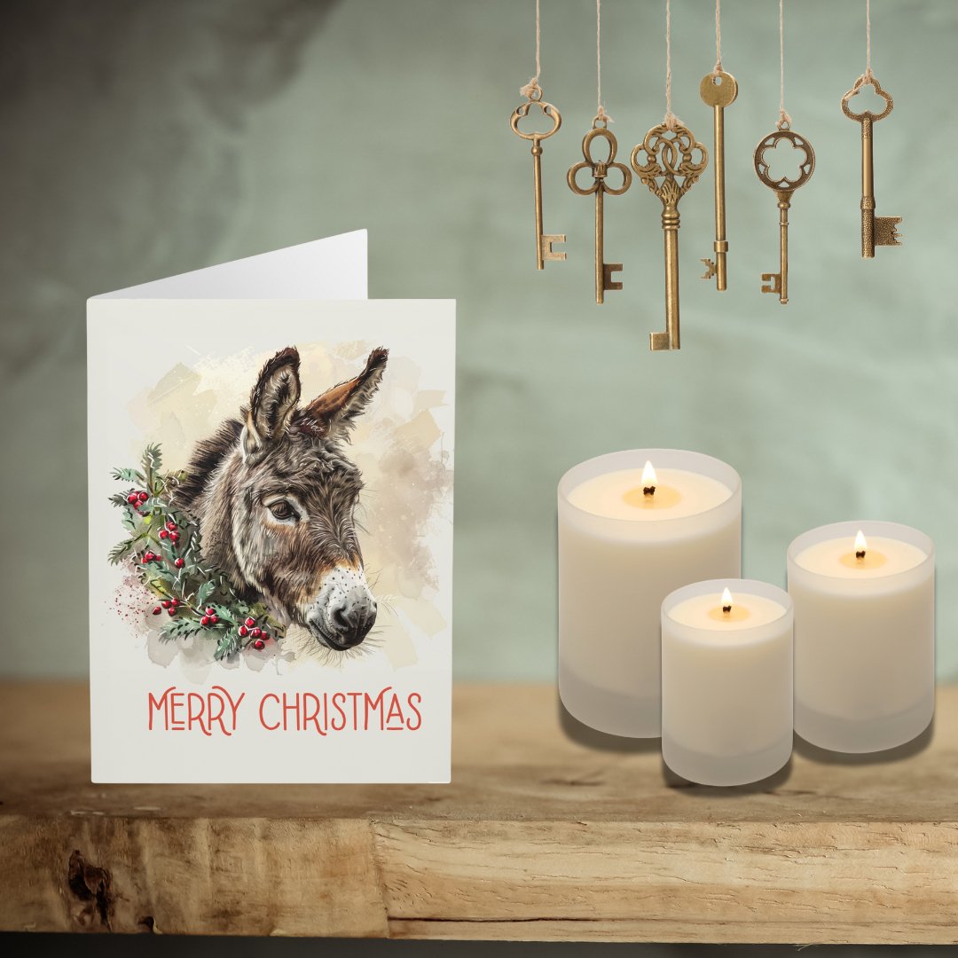 5 Donkey Christmas Card Set, Large Blank Christmas Greeting Cards - FlooredByArt