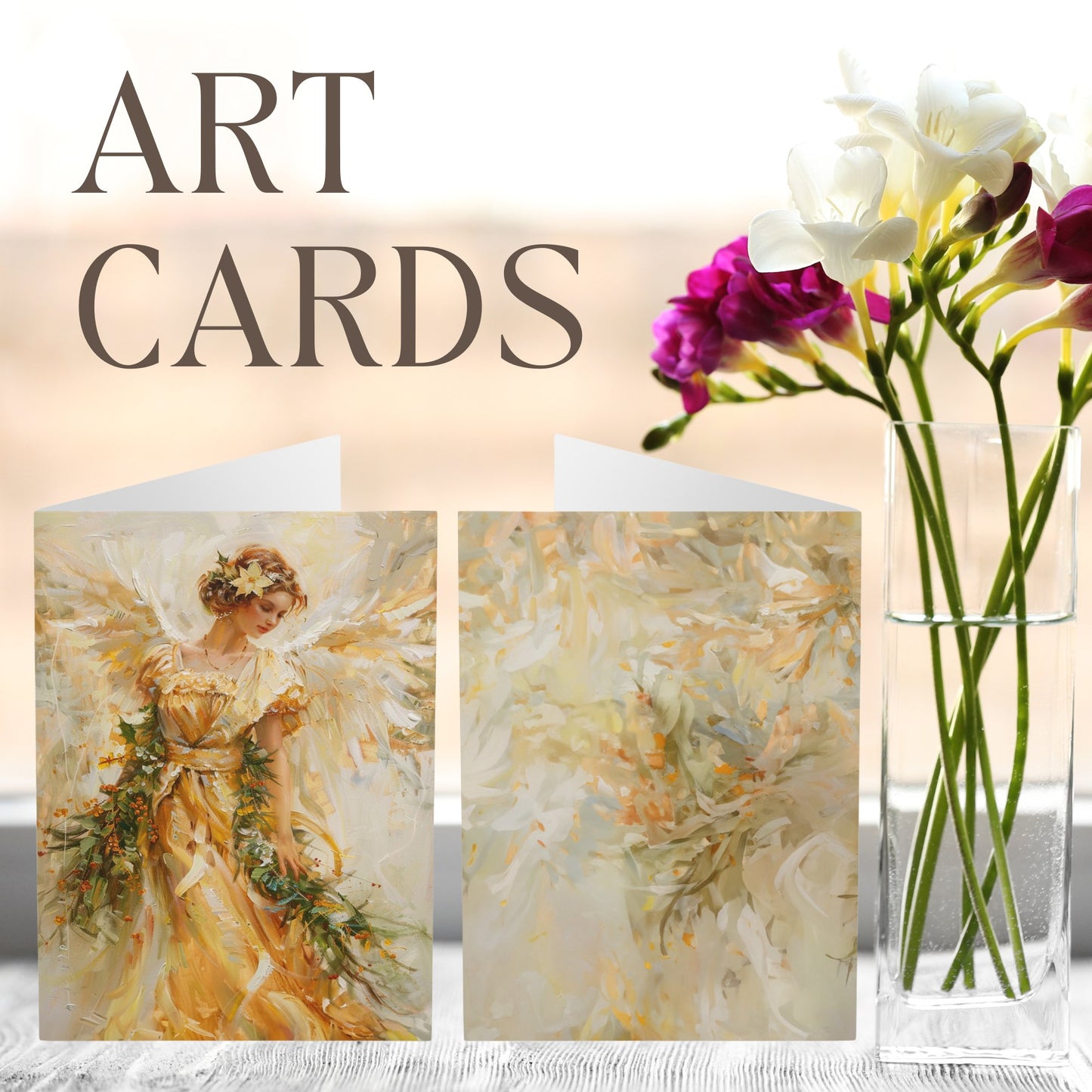 5 Gold Angel Art Holiday or Everyday Cards, Large Christmas Notecards - FlooredByArt