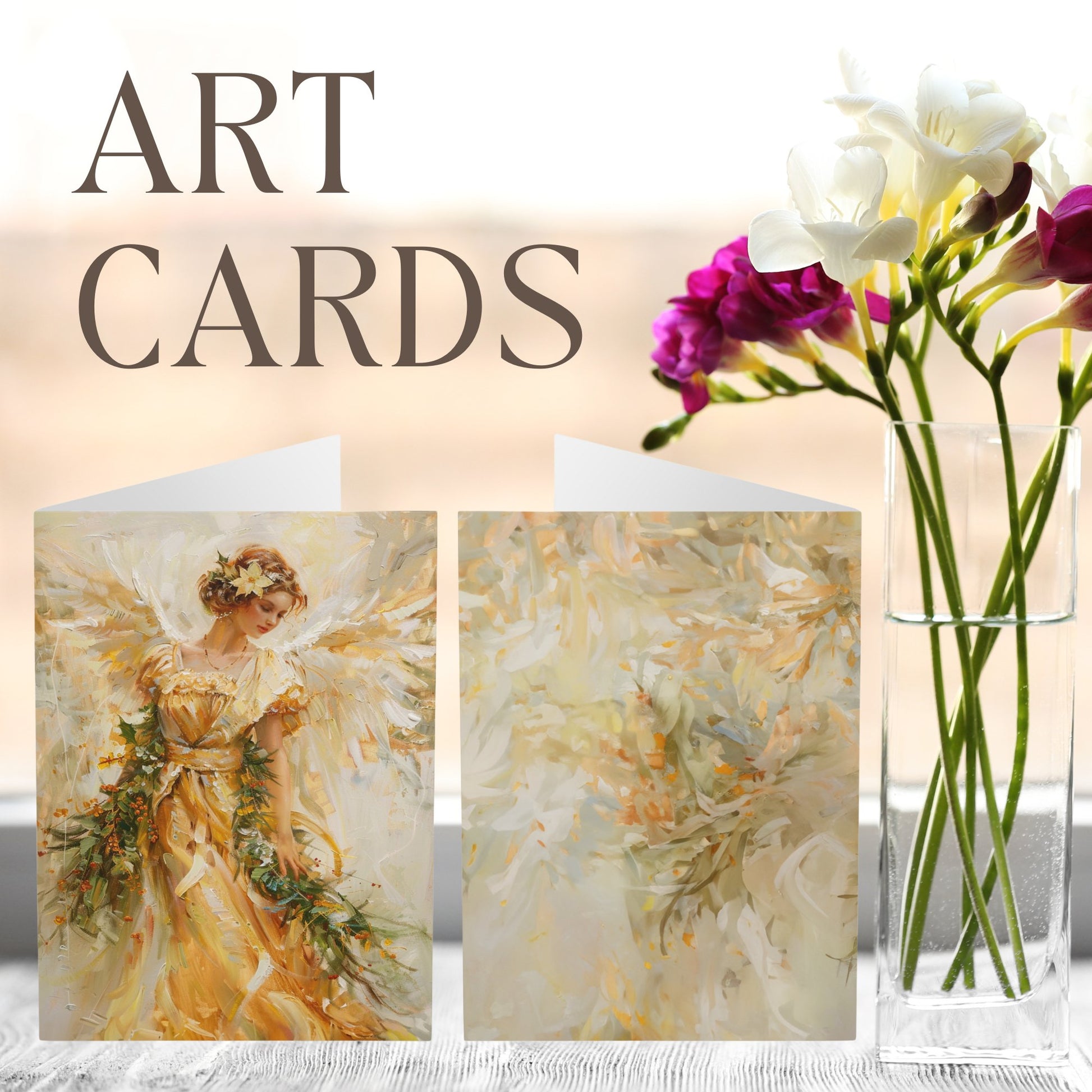 5 Gold Angel Art Holiday or Everyday Cards, Large Christmas Notecards - FlooredByArt
