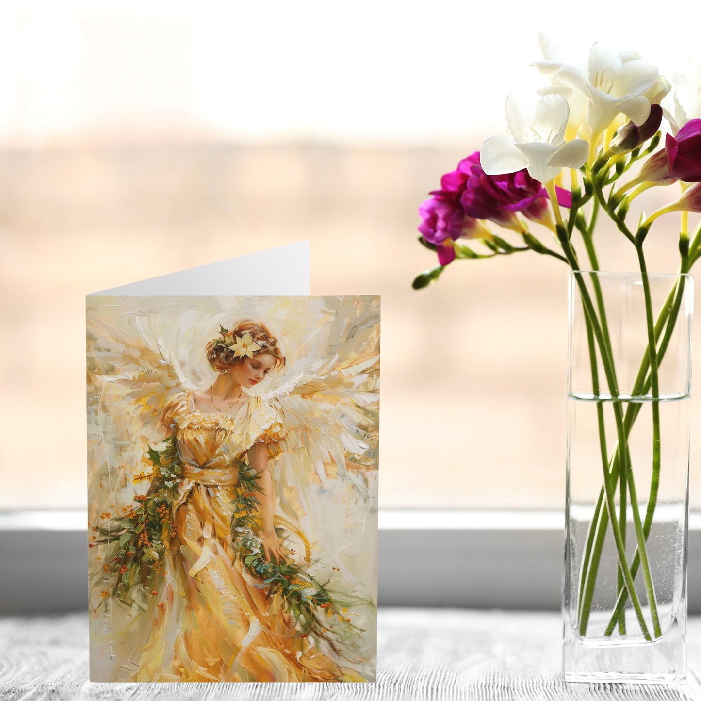 5 Gold Angel Art Holiday or Everyday Cards, Large Christmas Notecards - FlooredByArt