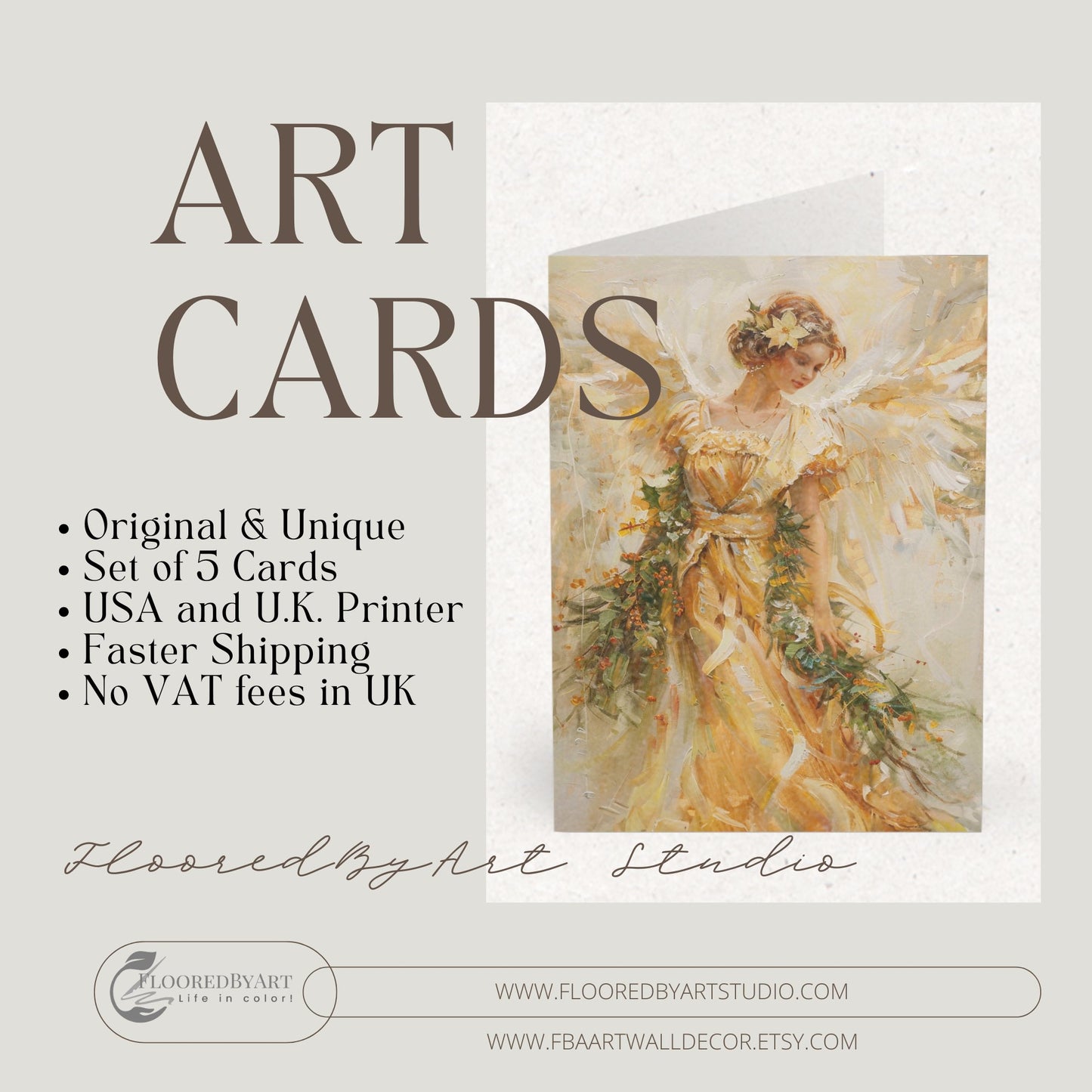 5 Gold Angel Art Holiday or Everyday Cards, Large Christmas Notecards - FlooredByArt