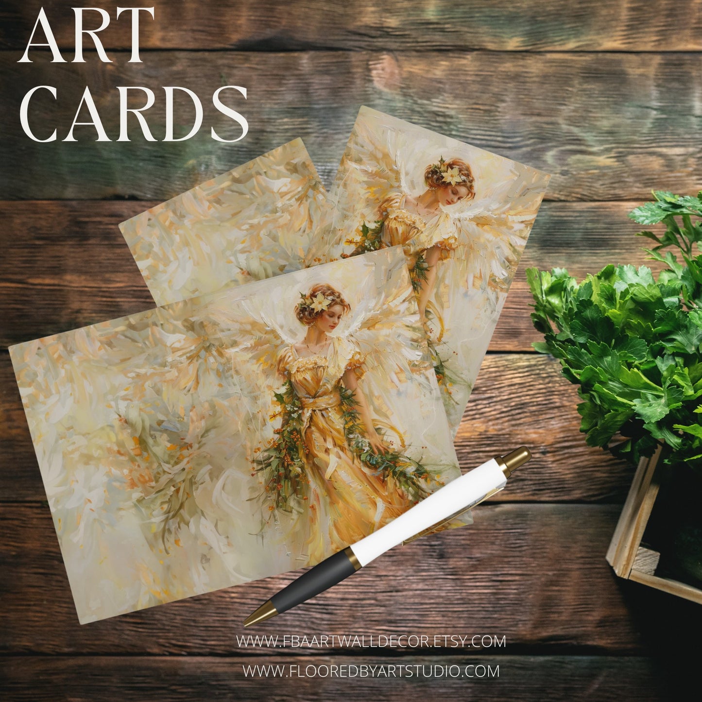 5 Gold Angel Art Holiday or Everyday Cards, Large Christmas Notecards - FlooredByArt
