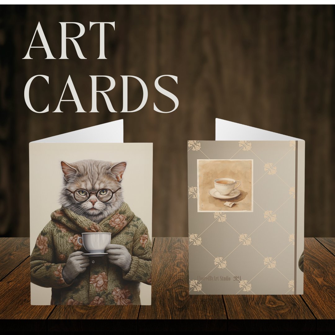 5 Granny Cat Note Cards Set, Original Artwork Design, Cat in a Sweater Drinking Tea, Blank Notecard Set, Any Occasion Cards, Tea Lover Gift - FlooredByArt