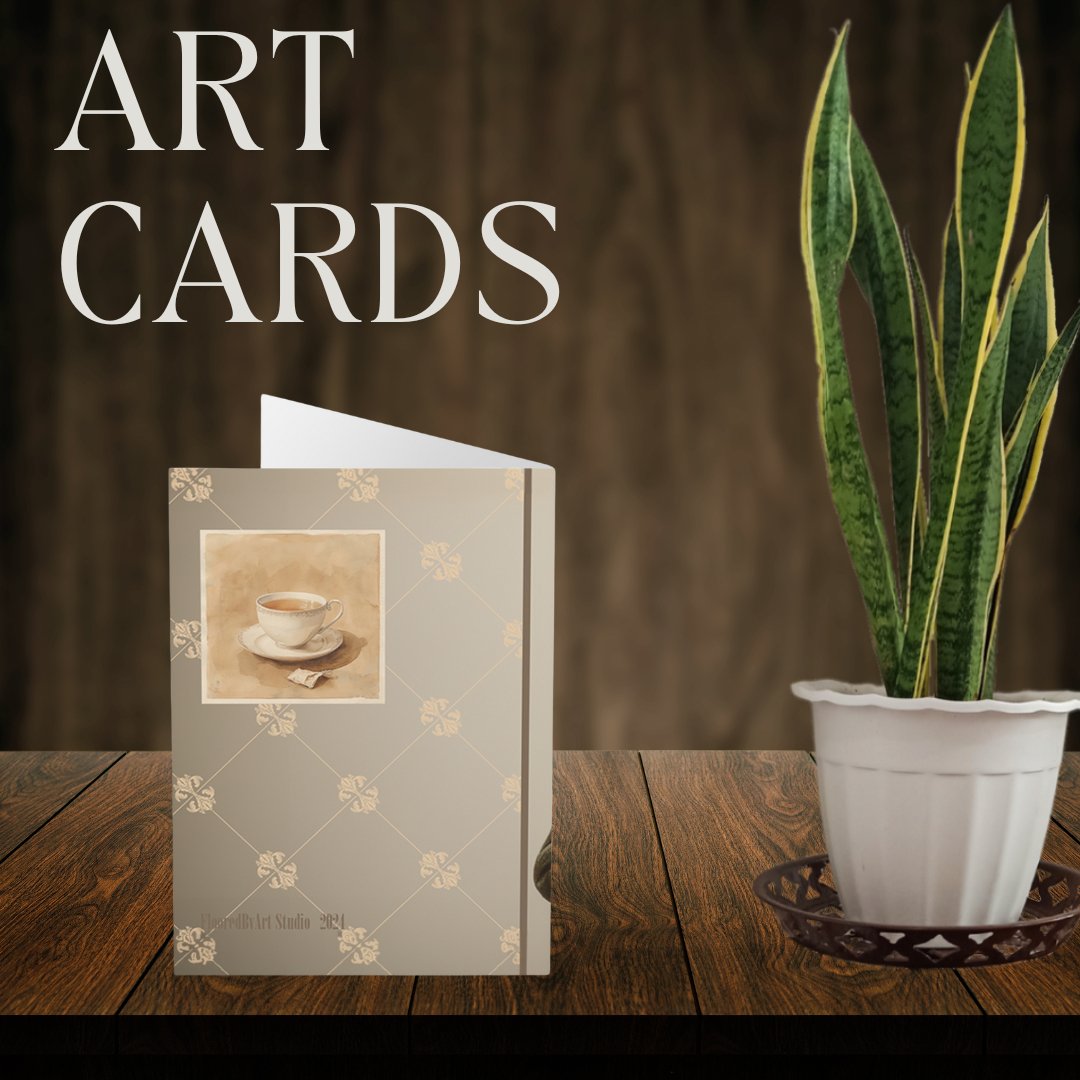 5 Granny Cat Note Cards Set, Original Artwork Design, Cat in a Sweater Drinking Tea, Blank Notecard Set, Any Occasion Cards, Tea Lover Gift - FlooredByArt