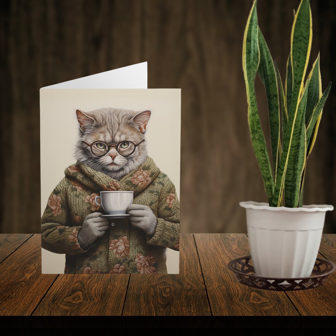 5 Granny Cat Note Cards Set, Original Artwork Design, Cat in a Sweater Drinking Tea, Blank Notecard Set, Any Occasion Cards, Tea Lover Gift - FlooredByArt