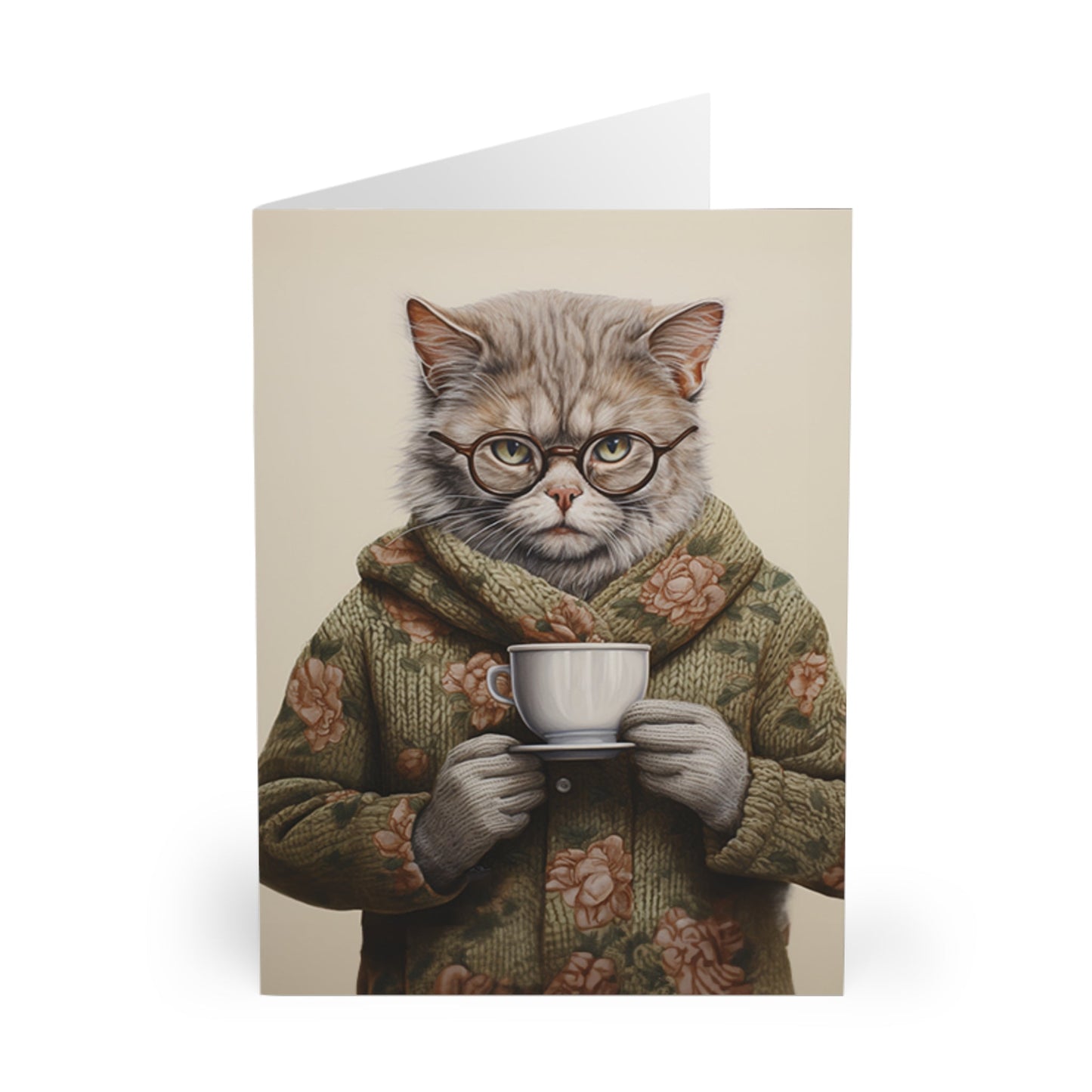 5 Granny Cat Note Cards Set, Original Artwork Design, Cat in a Sweater Drinking Tea, Blank Notecard Set, Any Occasion Cards, Tea Lover Gift - FlooredByArt
