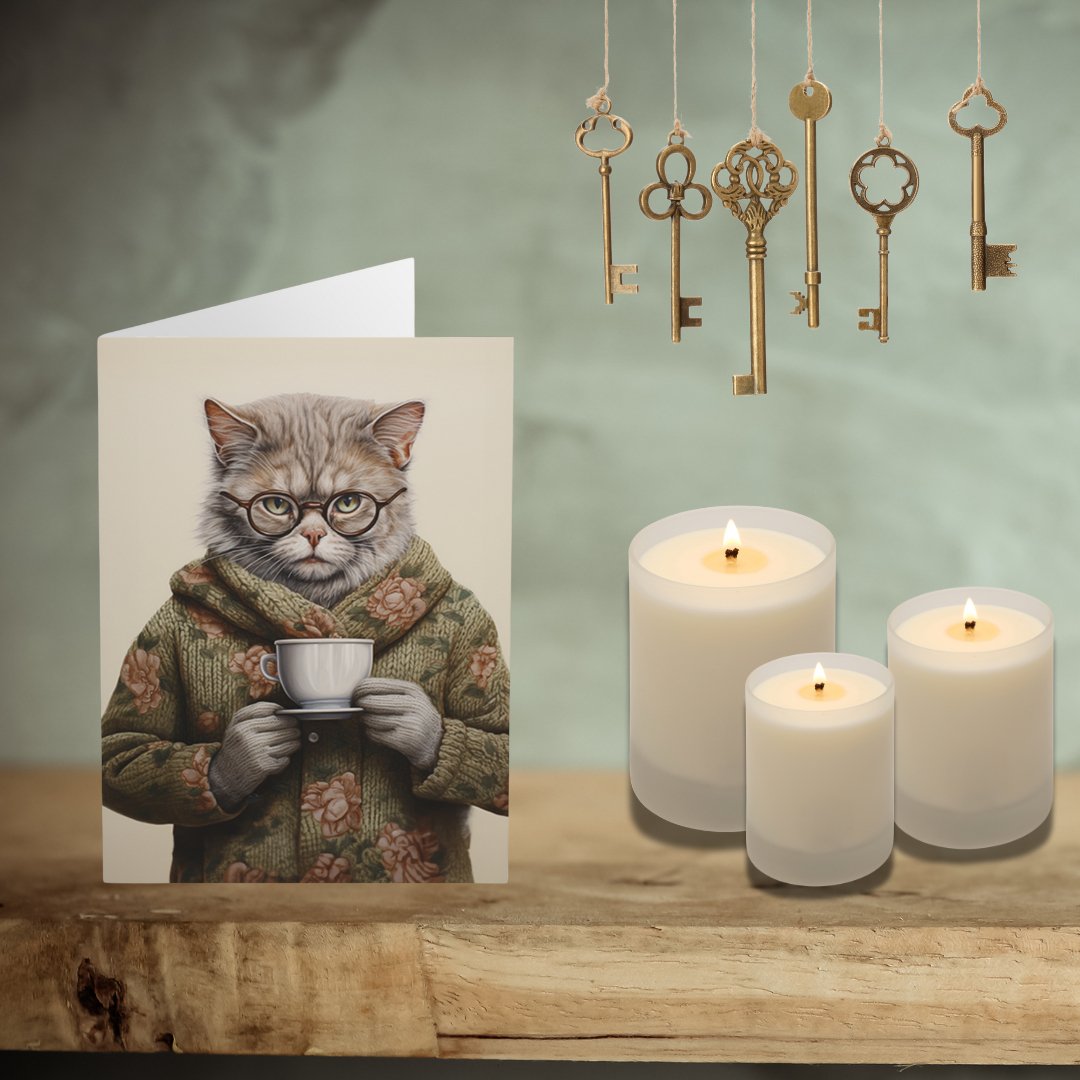 5 Granny Cat Note Cards Set, Original Artwork Design, Cat in a Sweater Drinking Tea, Blank Notecard Set, Any Occasion Cards, Tea Lover Gift - FlooredByArt