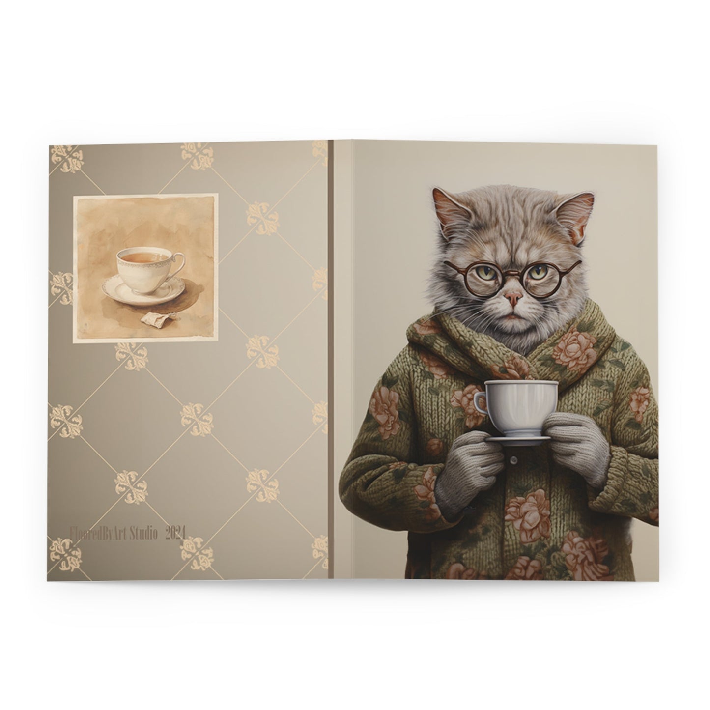 5 Granny Cat Note Cards Set, Original Artwork Design, Cat in a Sweater Drinking Tea, Blank Notecard Set, Any Occasion Cards, Tea Lover Gift - FlooredByArt