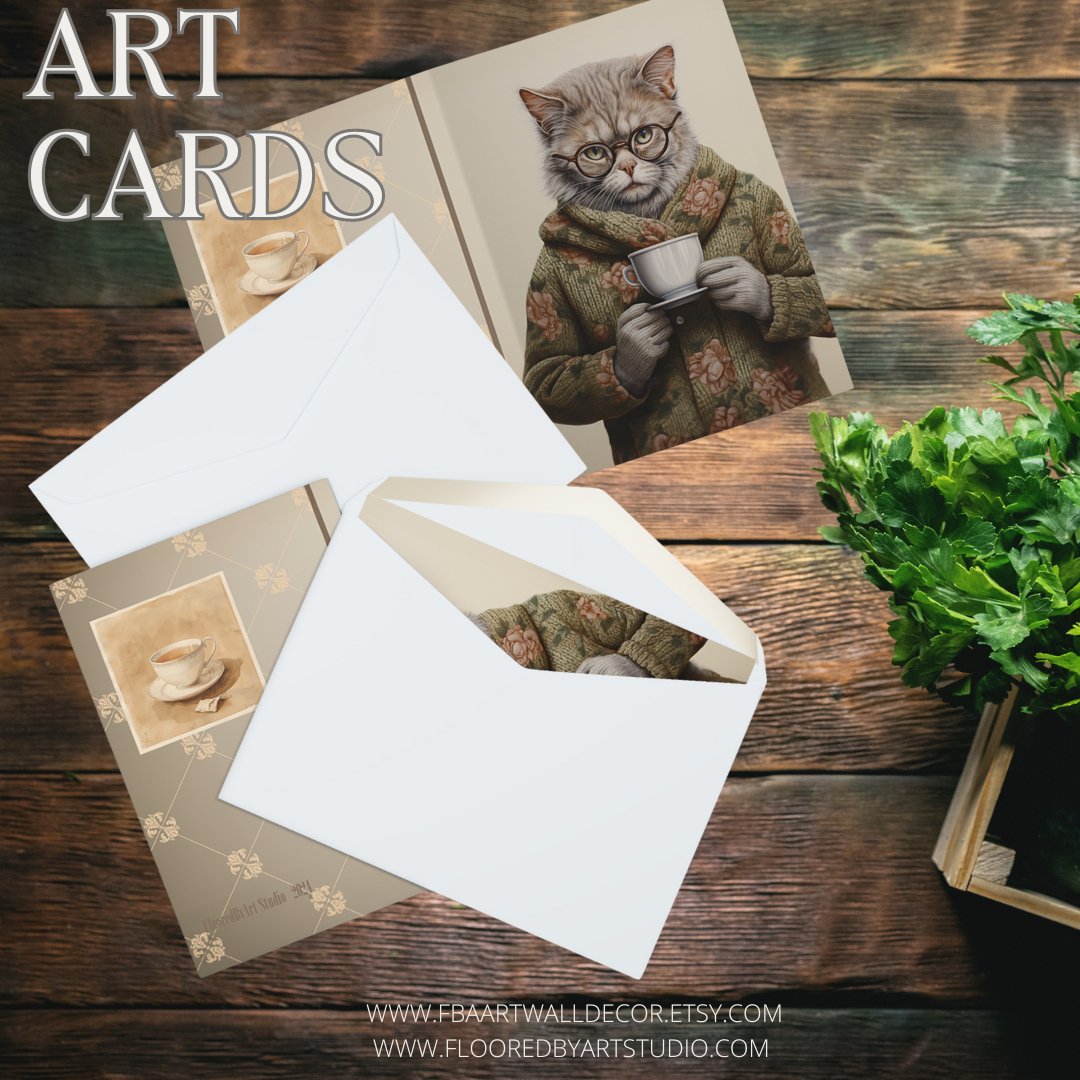 5 Granny Cat Note Cards Set, Original Artwork Design, Cat in a Sweater Drinking Tea, Blank Notecard Set, Any Occasion Cards, Tea Lover Gift - FlooredByArt