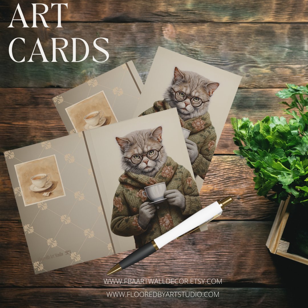 5 Granny Cat Note Cards Set, Original Artwork Design, Cat in a Sweater Drinking Tea, Blank Notecard Set, Any Occasion Cards, Tea Lover Gift - FlooredByArt