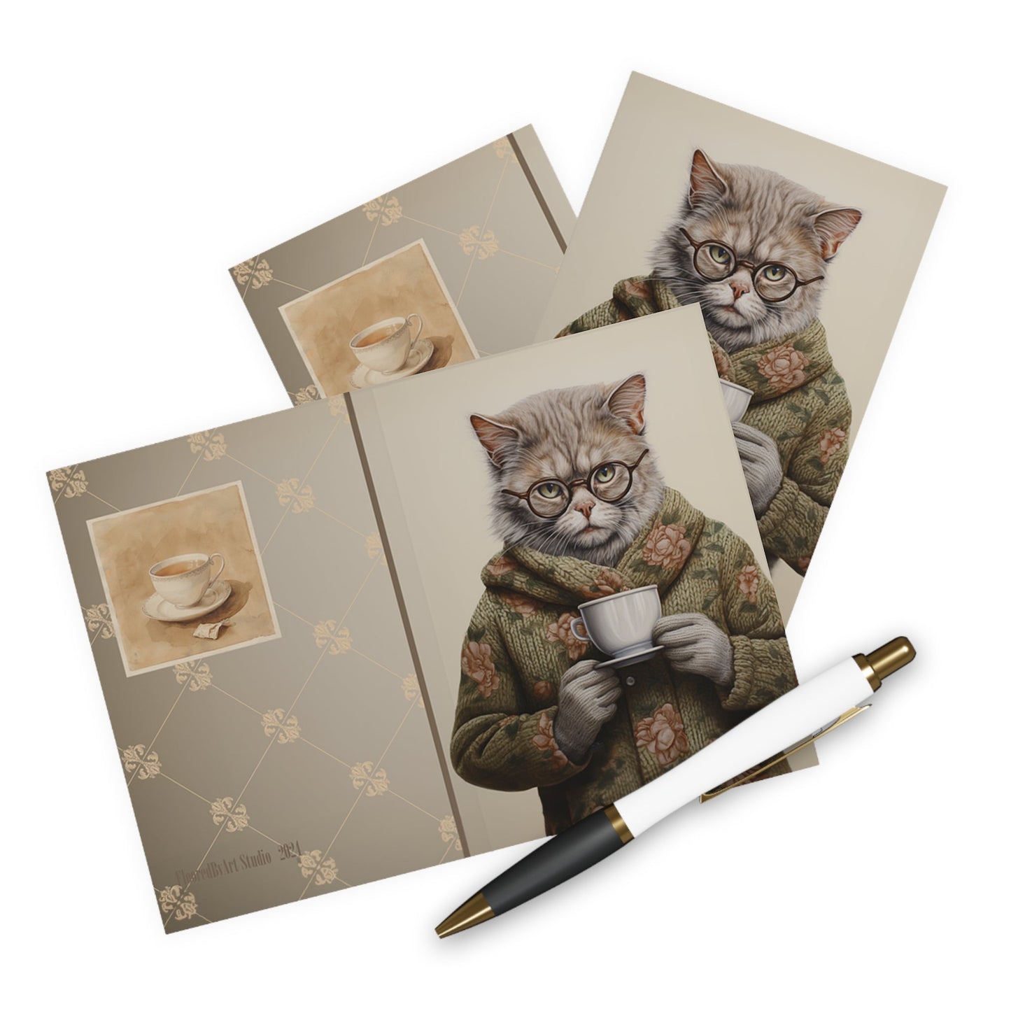 5 Granny Cat Note Cards Set, Original Artwork Design, Cat in a Sweater Drinking Tea, Blank Notecard Set, Any Occasion Cards, Tea Lover Gift - FlooredByArt
