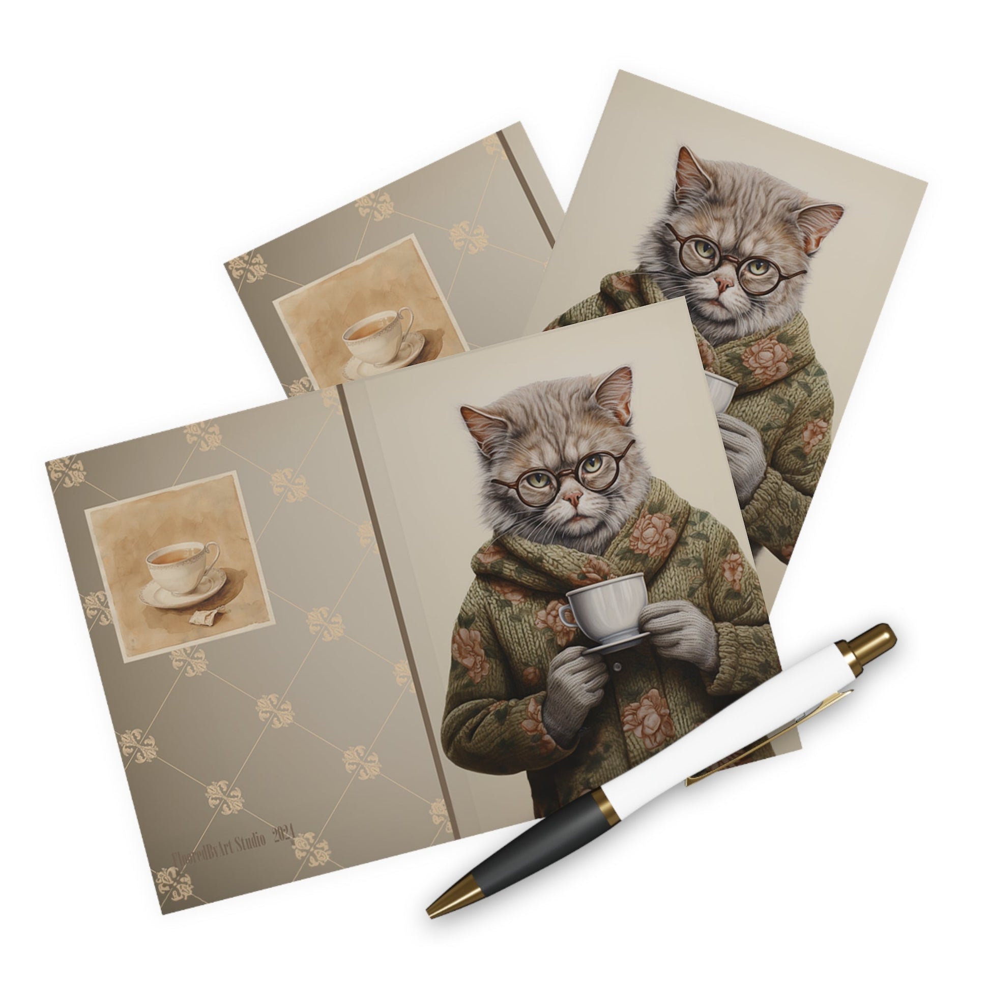 5 Granny Cat Note Cards Set, Original Artwork Design, Cat in a Sweater Drinking Tea, Blank Notecard Set, Any Occasion Cards, Tea Lover Gift - FlooredByArt