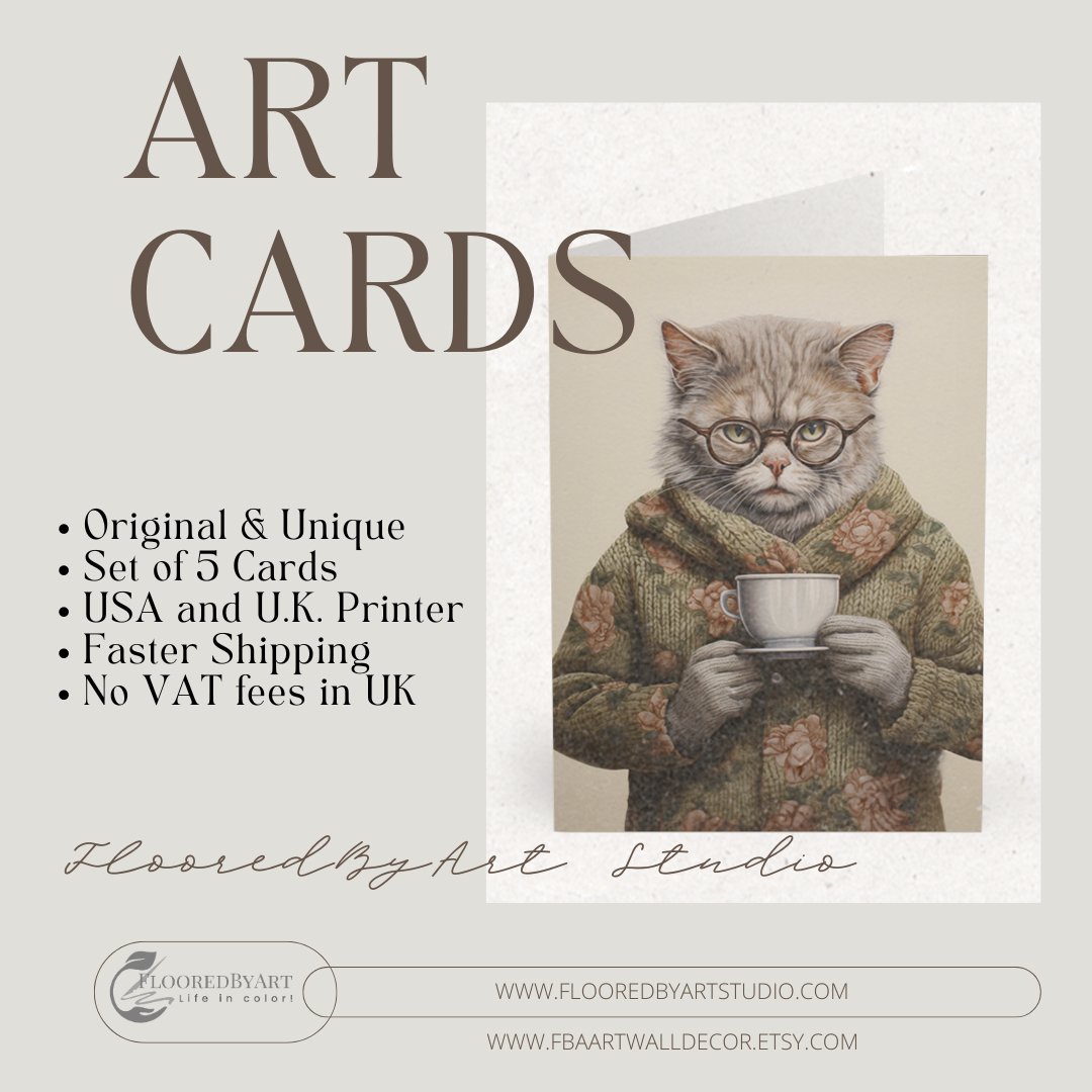 5 Granny Cat Note Cards Set, Original Artwork Design, Cat in a Sweater Drinking Tea, Blank Notecard Set, Any Occasion Cards, Tea Lover Gift - FlooredByArt