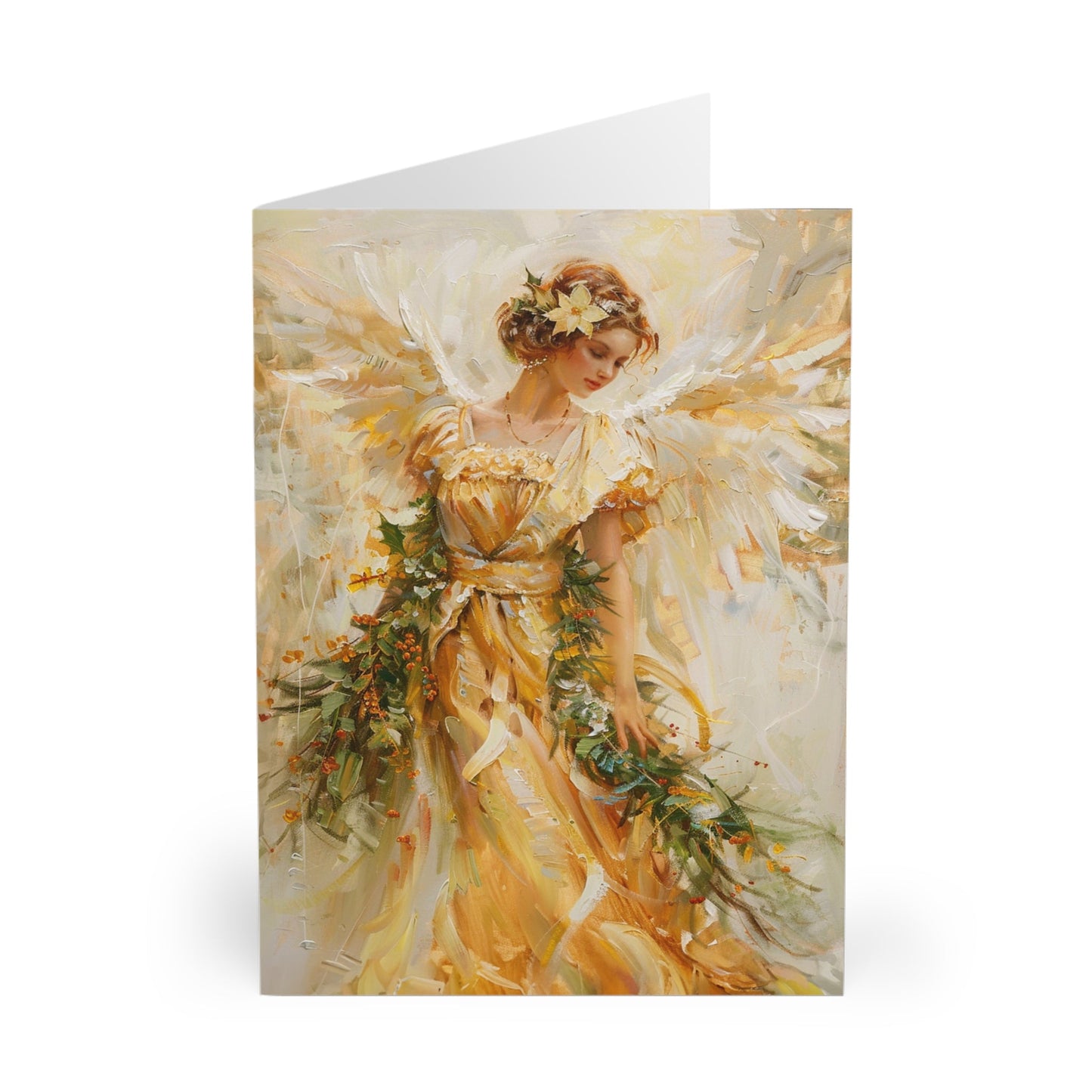 5 Original Art Golden Holiday Angel in Oils Cards, Set of Christmas Notecards - FlooredByArt