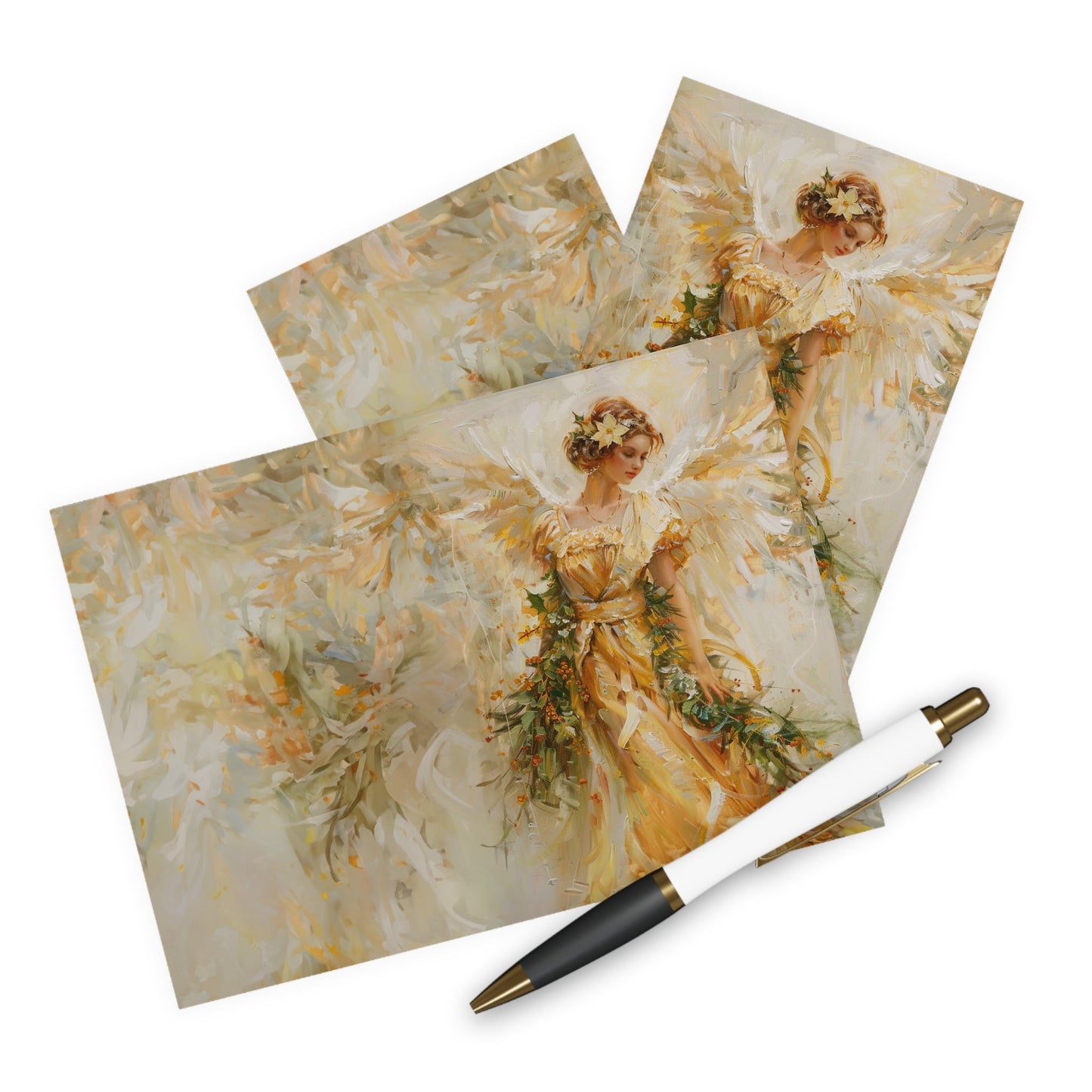 5 Original Art Golden Holiday Angel in Oils Cards, Set of Christmas Notecards - FlooredByArt
