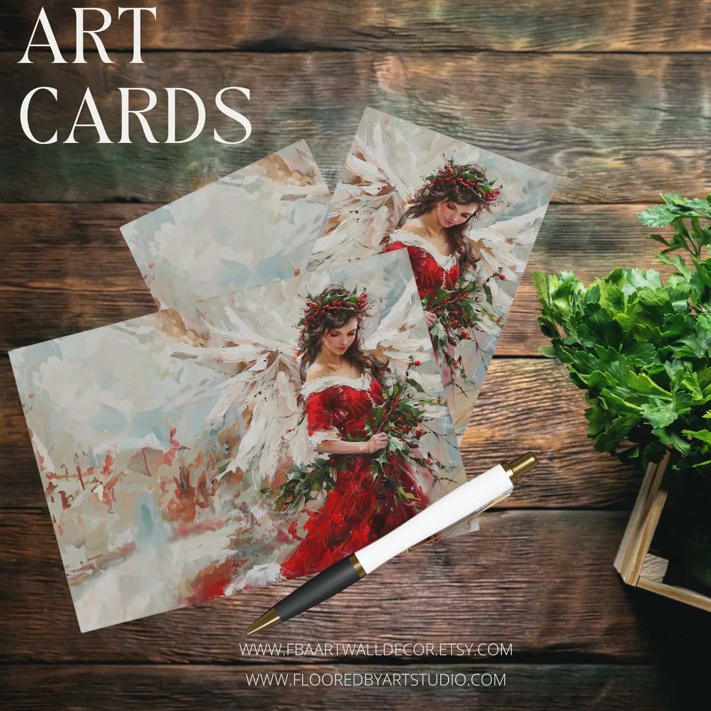 5 Original Art Scarlet Red Holiday Angel in Oils Cards, Set of Blank Christmas - FlooredByArt