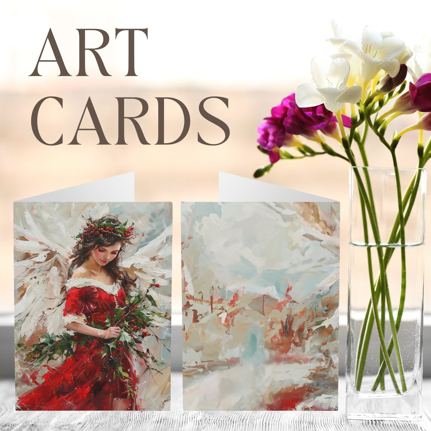 5 Original Art Scarlet Red Holiday Angel in Oils Cards, Set of Blank Christmas - FlooredByArt