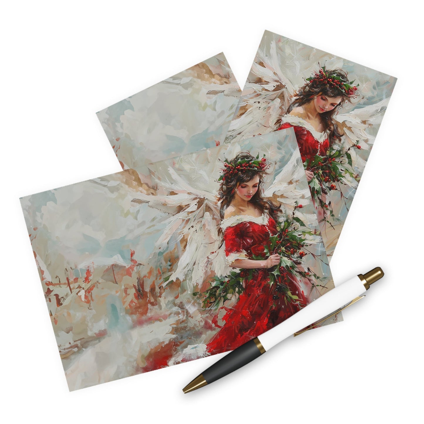5 Original Art Scarlet Red Holiday Angel in Oils Cards, Set of Blank Christmas - FlooredByArt