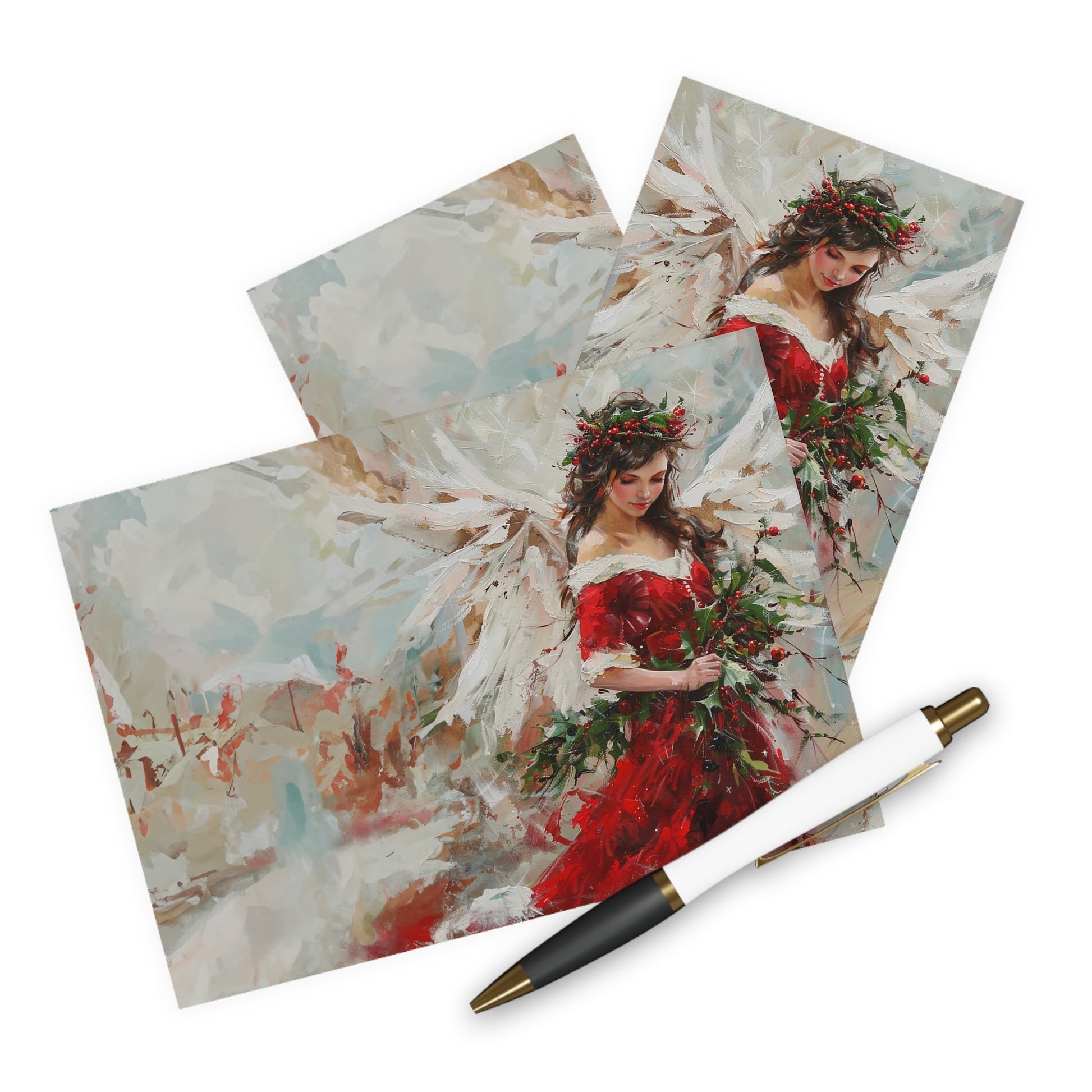 5 Original Art Scarlet Red Holiday Angel in Oils Cards, Set of Blank Christmas - FlooredByArt
