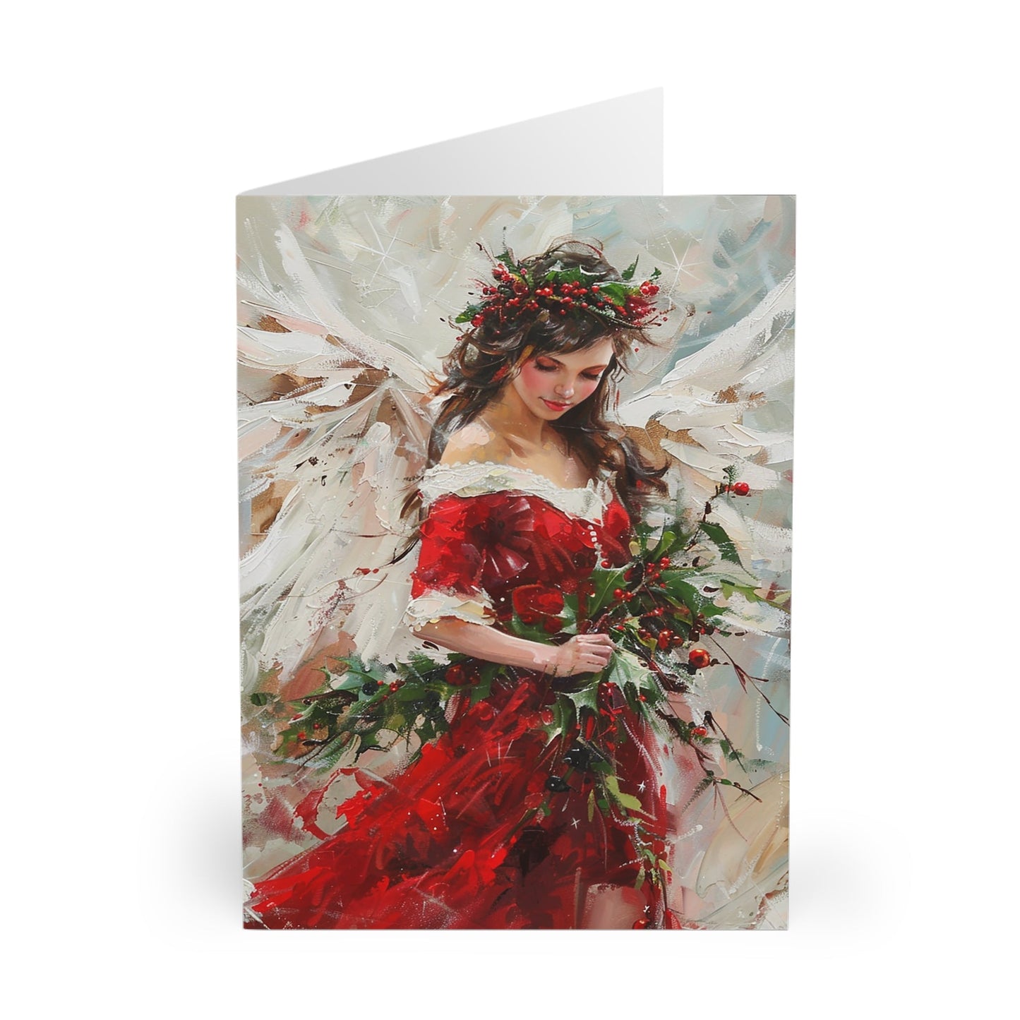 5 Original Art Scarlet Red Holiday Angel in Oils Cards, Set of Blank Christmas - FlooredByArt