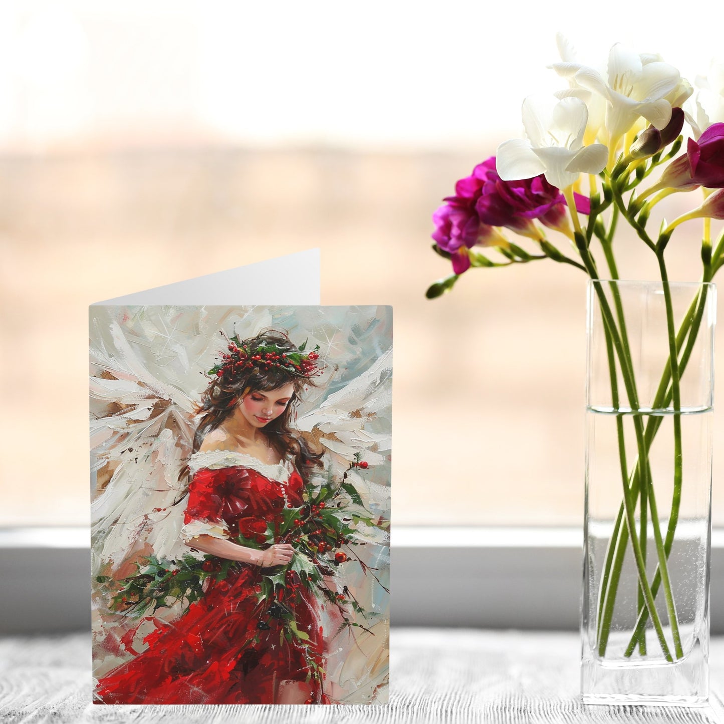 5 Original Art Scarlet Red Holiday Angel in Oils Cards, Set of Blank Christmas - FlooredByArt
