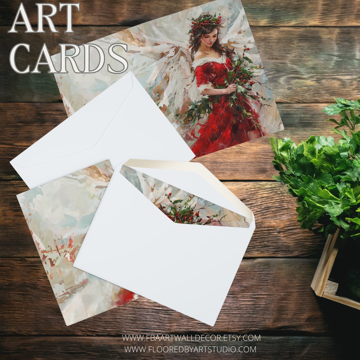 5 Original Art Scarlet Red Holiday Angel in Oils Cards, Set of Blank Christmas - FlooredByArt