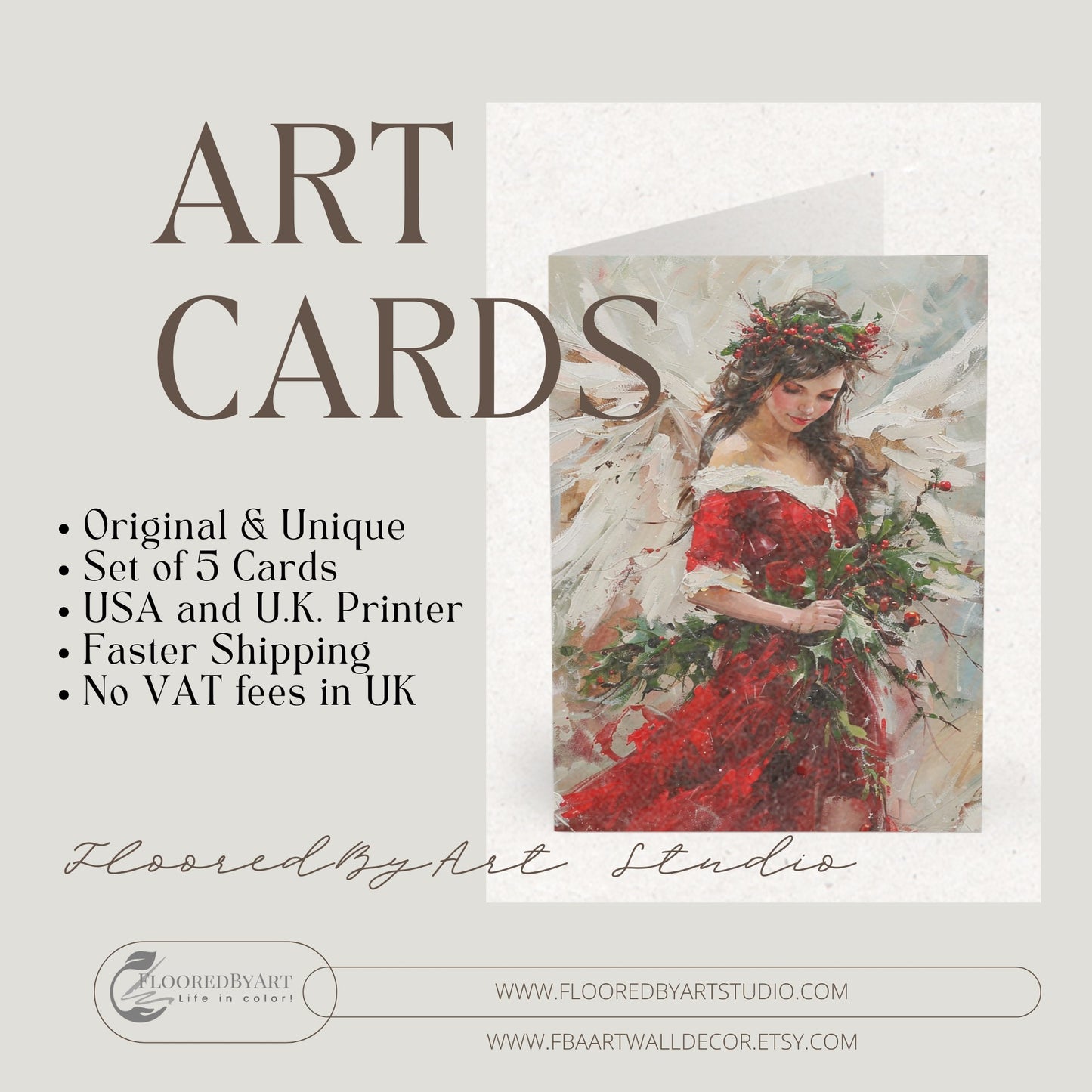 5 Original Art Scarlet Red Holiday Angel in Oils Cards, Set of Blank Christmas - FlooredByArt