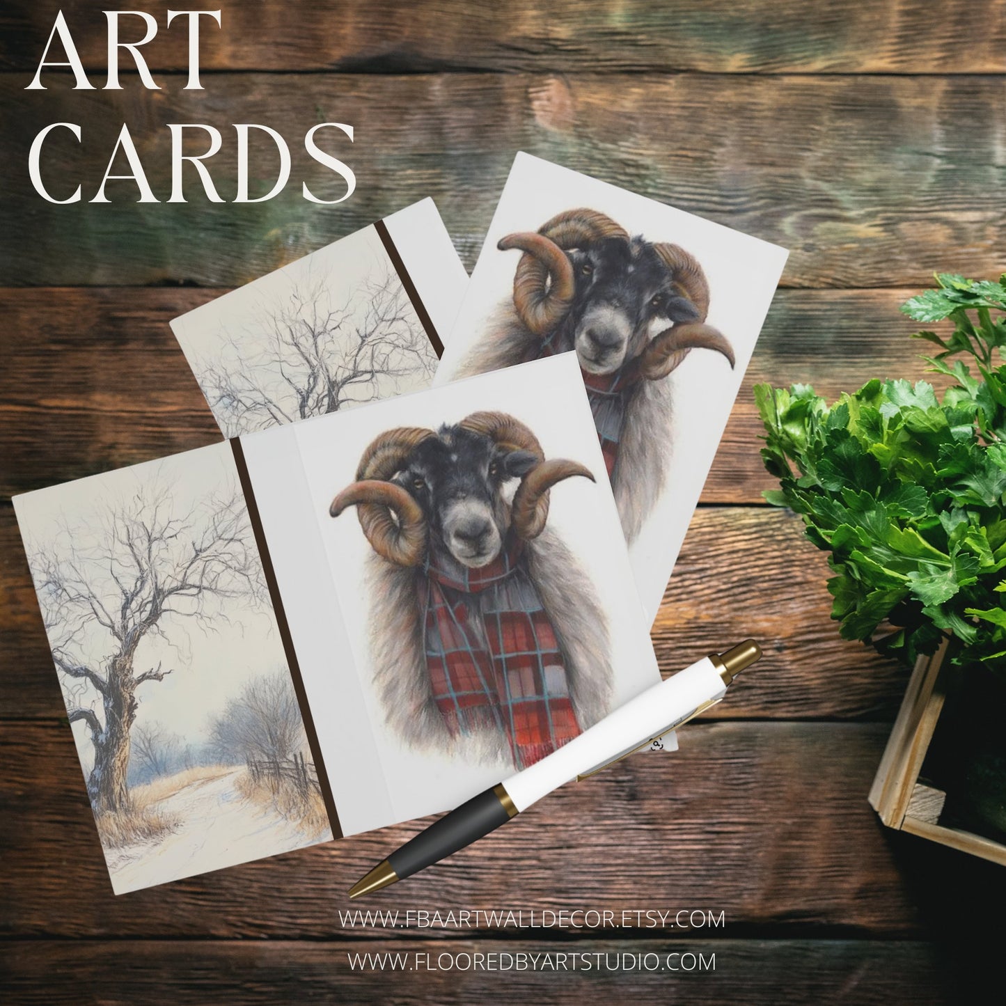 5 Whimsical Highland Ram Note Card, Large RAM Greeting Card 2 sided - FlooredByArt