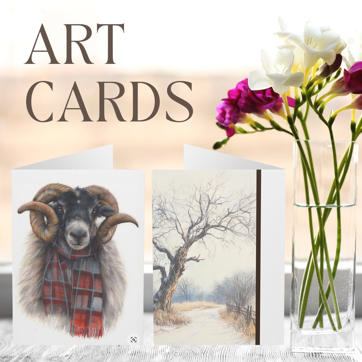 5 Whimsical Highland Ram Note Card, Large RAM Greeting Card 2 sided - FlooredByArt
