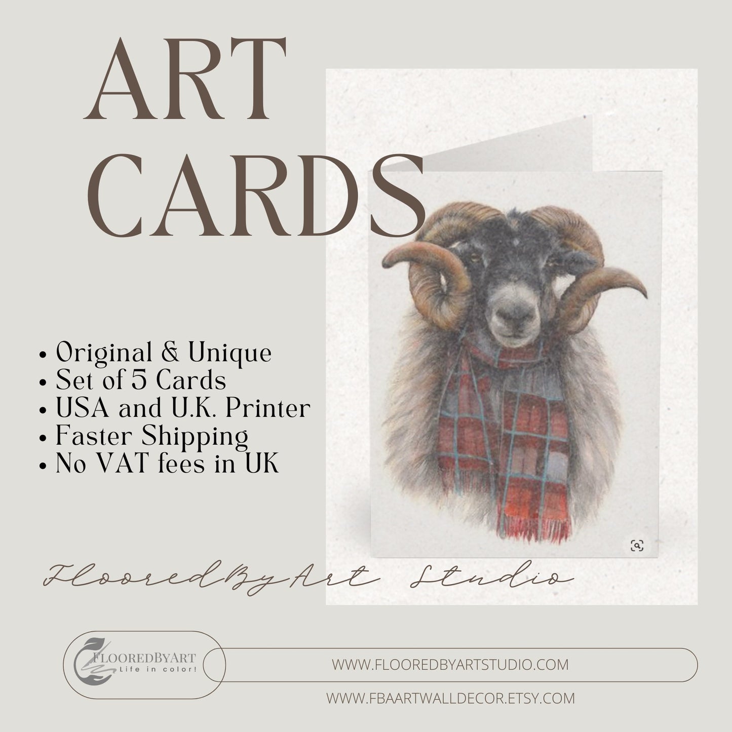 5 Whimsical Highland Ram Note Card, Large RAM Greeting Card 2 sided - FlooredByArt