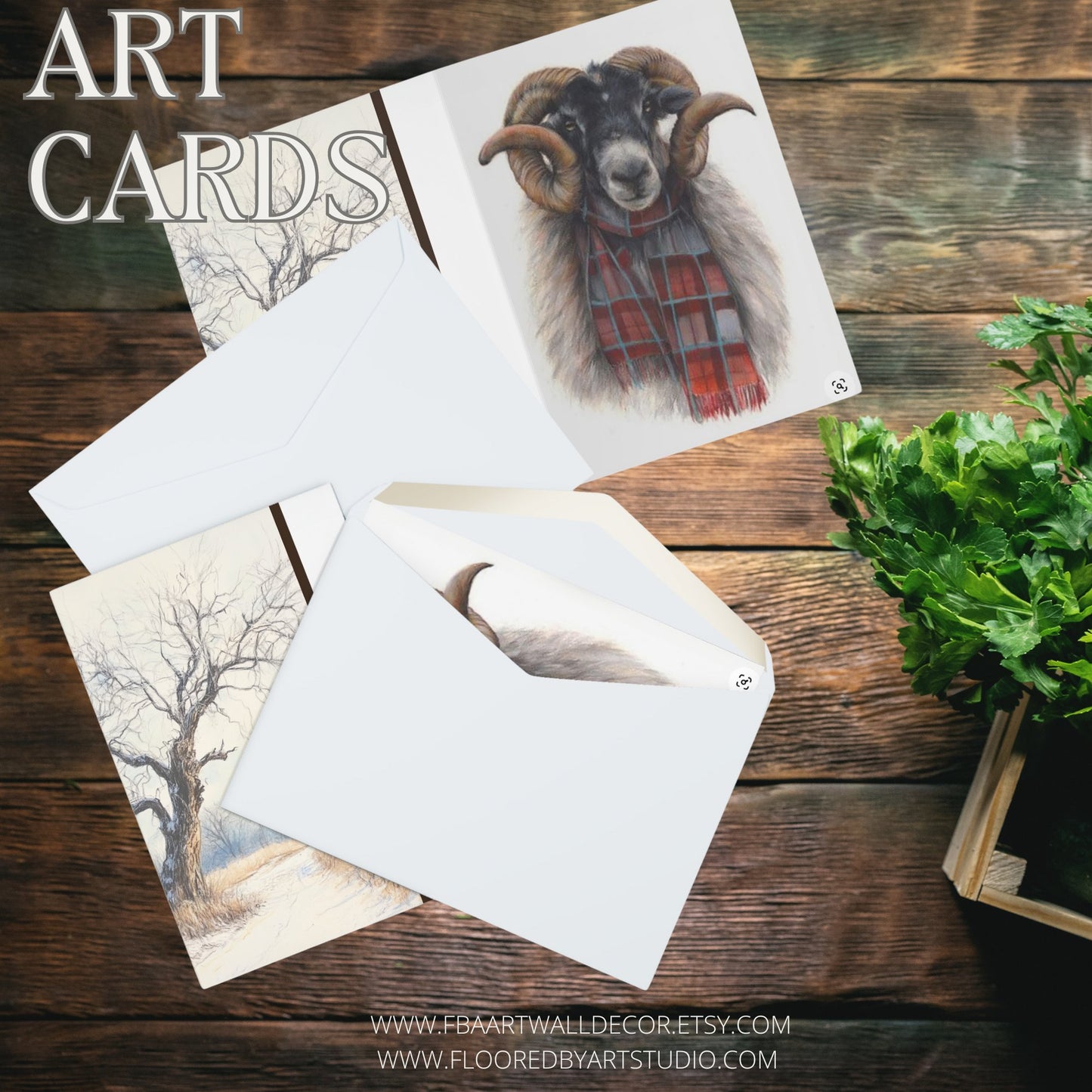 5 Whimsical Highland Ram Note Card, Large RAM Greeting Card 2 sided - FlooredByArt