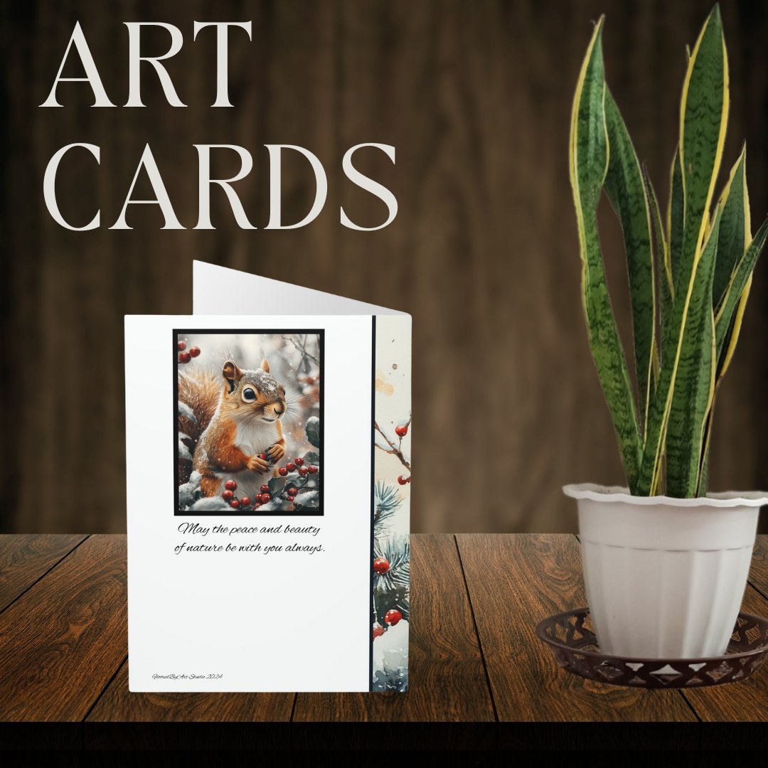 5 Wildlife Nature Squirrel Card, Winter Art Cards for Everyday or Christmas - FlooredByArt