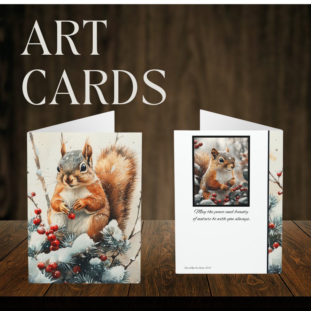 5 Wildlife Nature Squirrel Card, Winter Art Cards for Everyday or Christmas - FlooredByArt