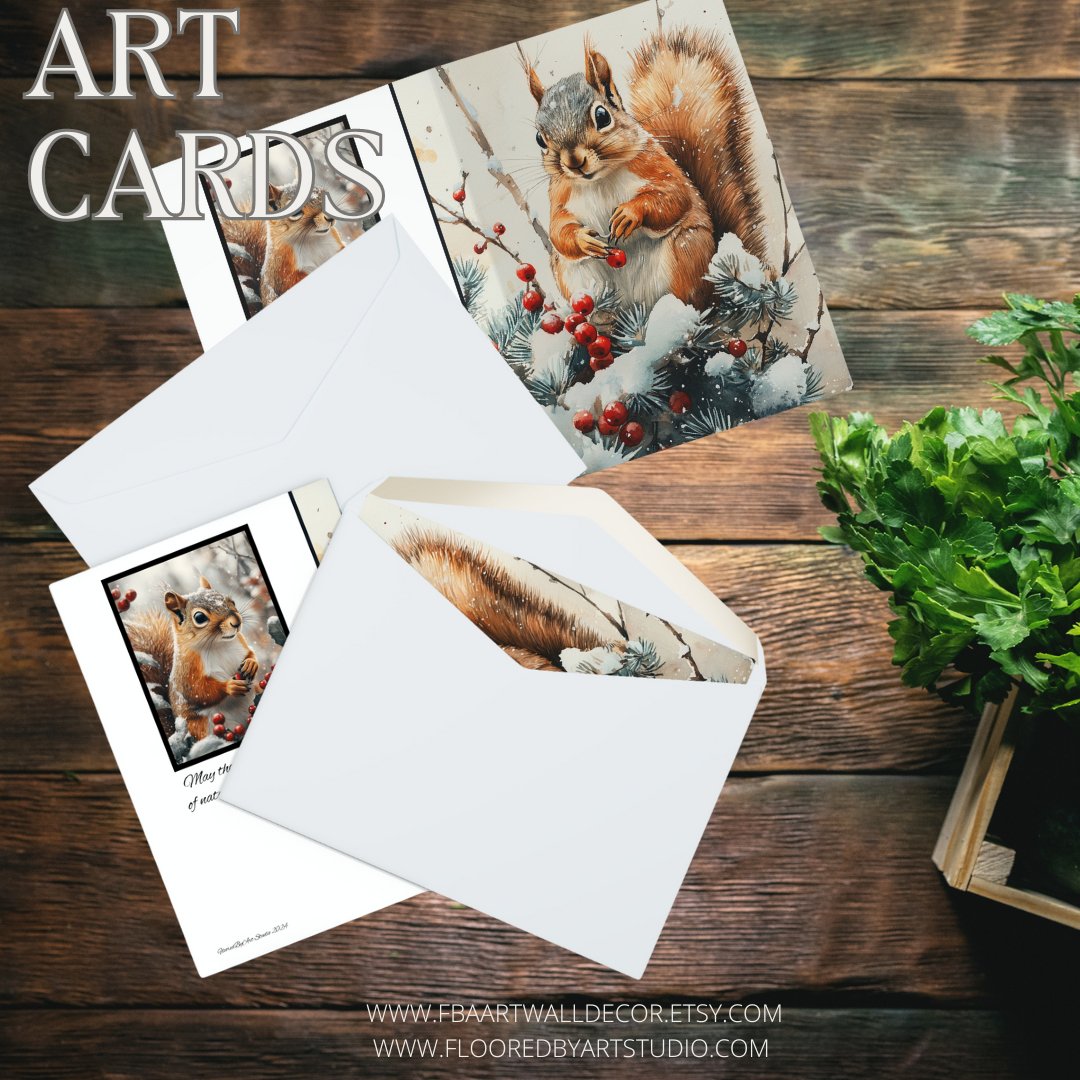5 Wildlife Nature Squirrel Card, Winter Art Cards for Everyday or Christmas - FlooredByArt
