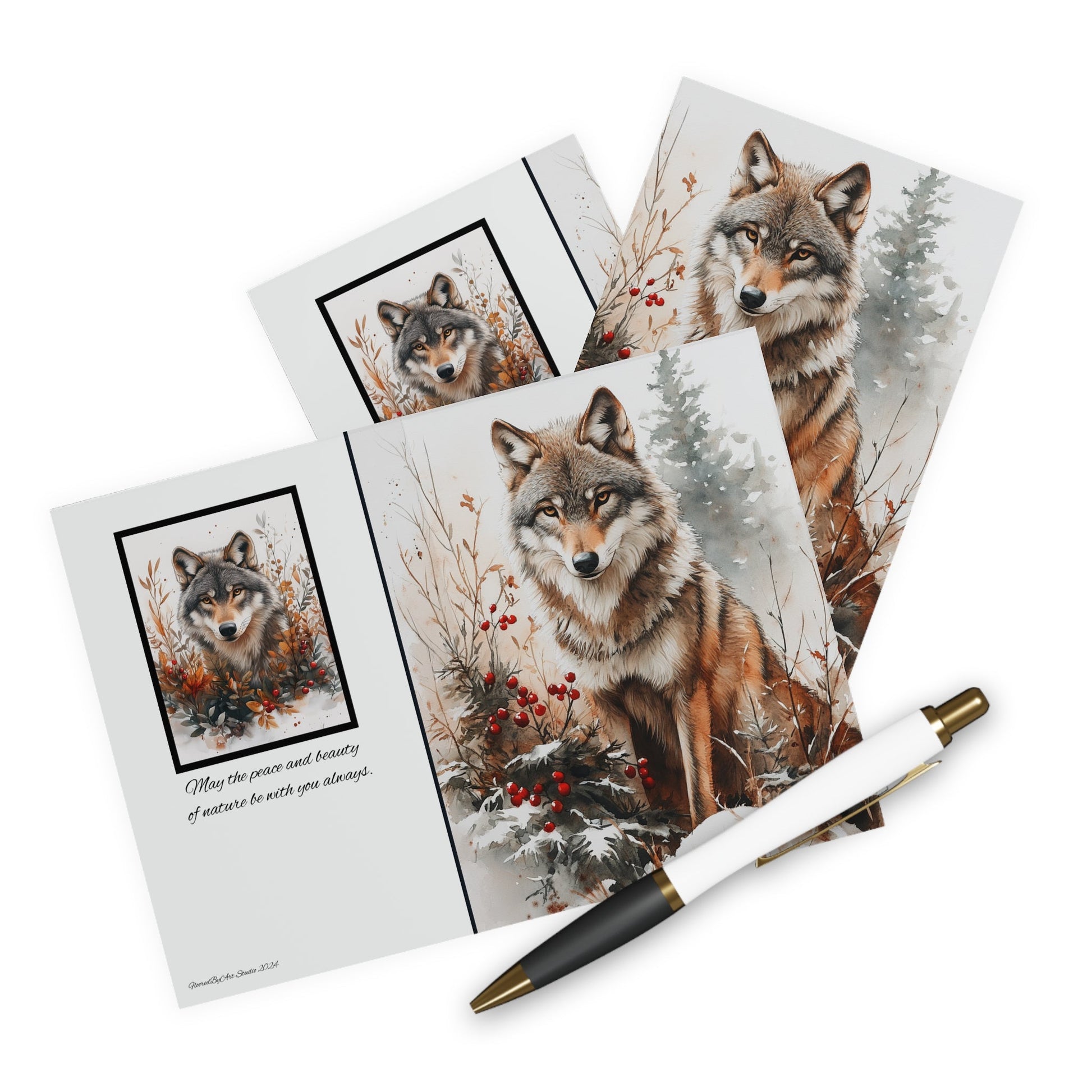 5 Wildlife Nature Wolf Card, Winter Wolf Design Blank Greeting Cards - FlooredByArt