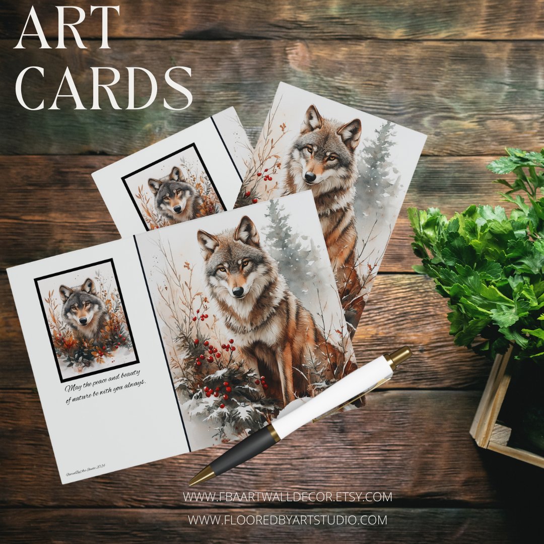 5 Wildlife Nature Wolf Card, Winter Wolf Design Blank Greeting Cards - FlooredByArt