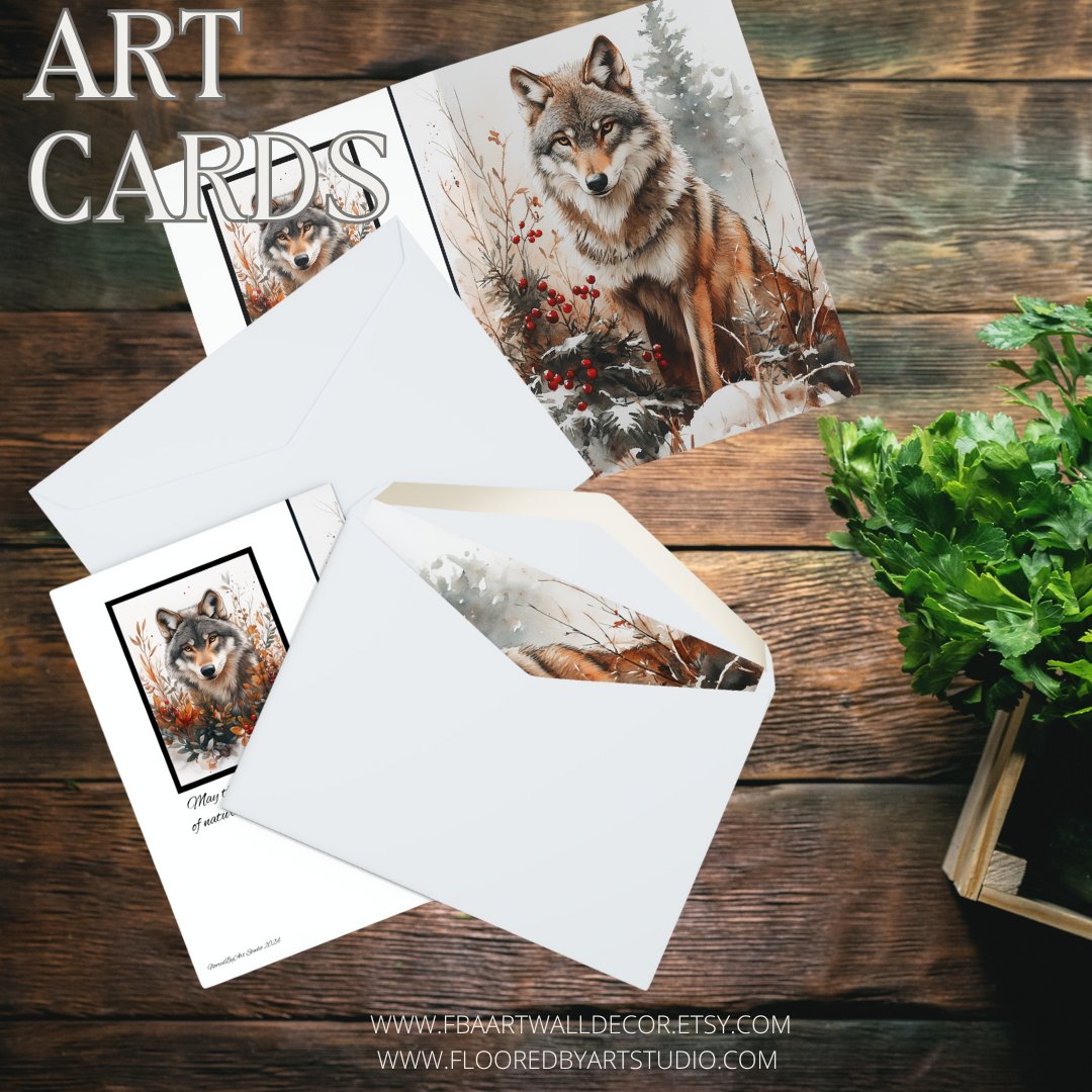 5 Wildlife Nature Wolf Card, Winter Wolf Design Blank Greeting Cards - FlooredByArt