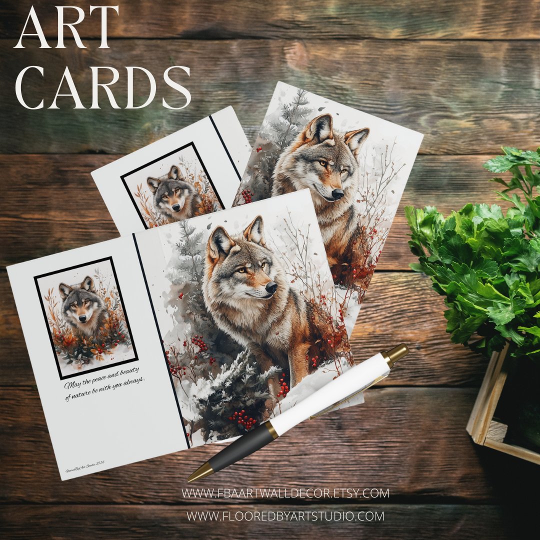 5 Wildlife Nature Wolf Cards, Christmas Holiday or All Occasion, Blank Greeting Cards - FlooredByArt