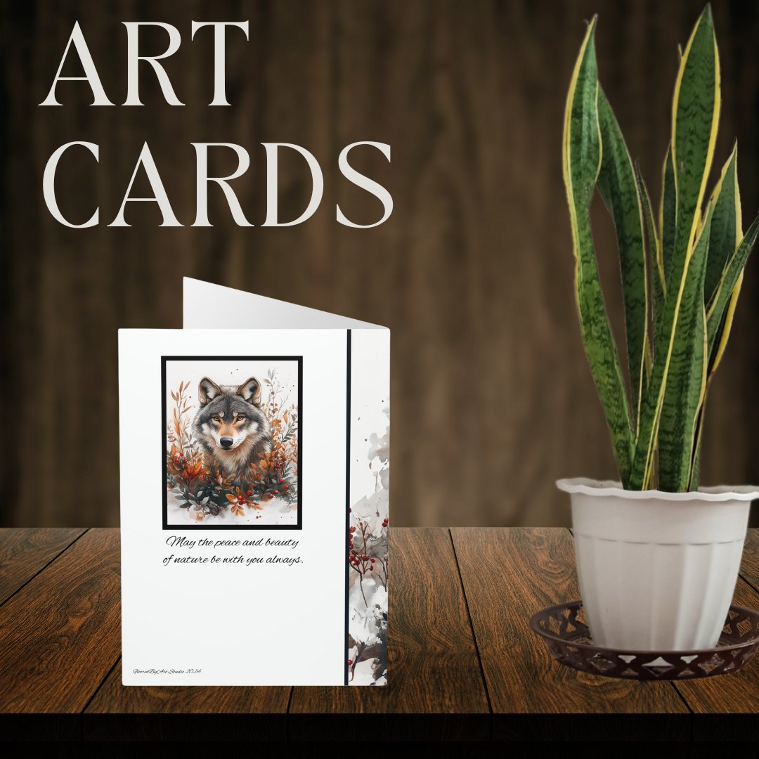 5 Wildlife Nature Wolf Cards, Christmas Holiday or All Occasion, Blank Greeting Cards - FlooredByArt