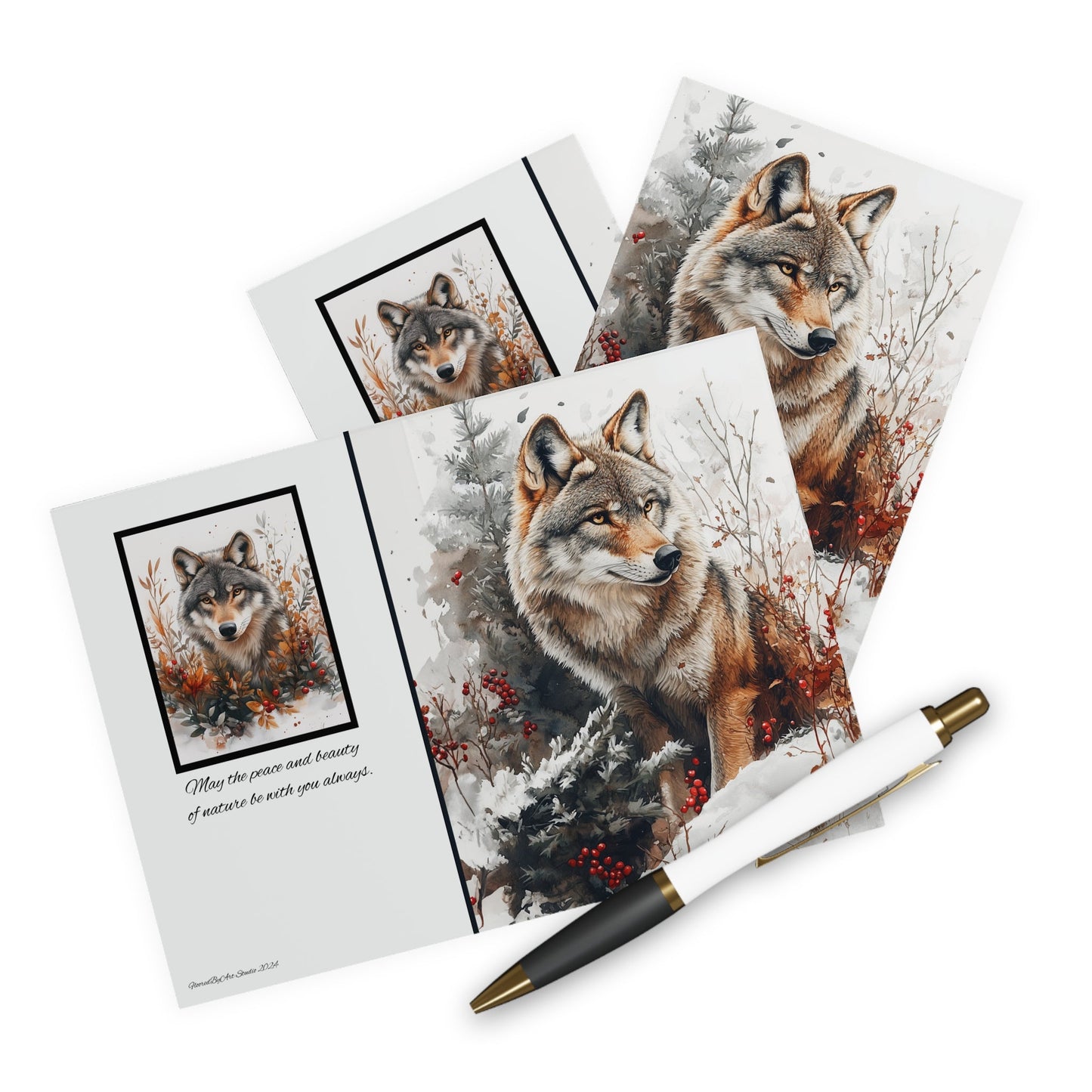 5 Wildlife Nature Wolf Cards, Christmas Holiday or All Occasion, Blank Greeting Cards - FlooredByArt